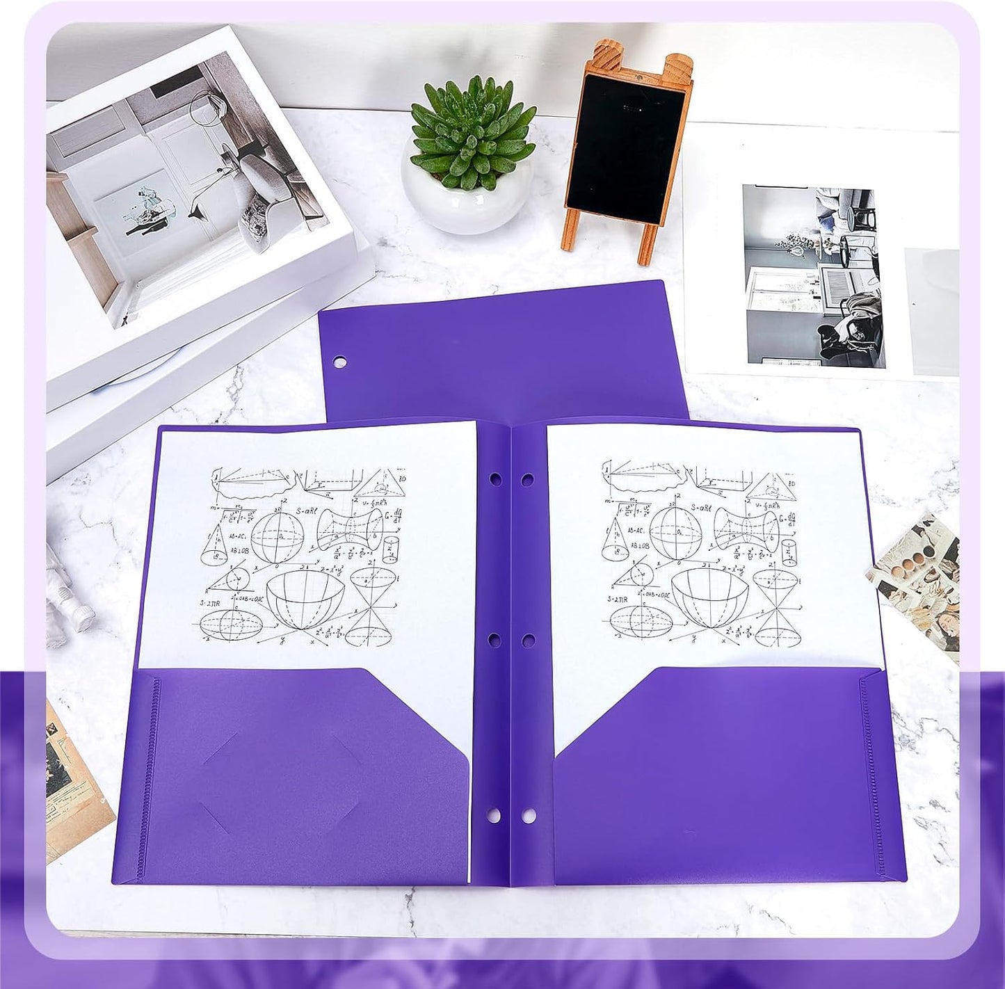 Yeaqee 50 Pcs Plastic Folders with Pockets Bulk 3 Hole Punched 2 Pocket File Folders for 3 Ring Binder Divider Folder for Notebooks, Durable Poly for Office Home (Purple)