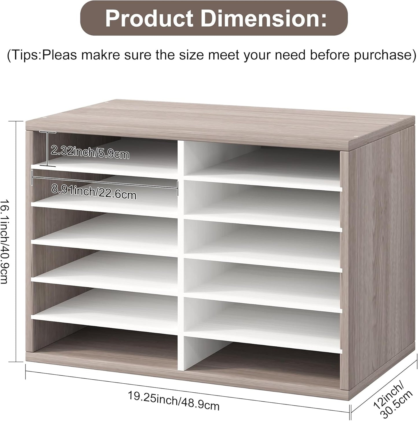 Mail Organizer Countertop, 12 Slots Wooden Desk File Literature Sorter, Adjustable Paper Storage Shelves Document Holder, Space Saving Desktop Mailbox for Office Classroom, Retro Grey/White
