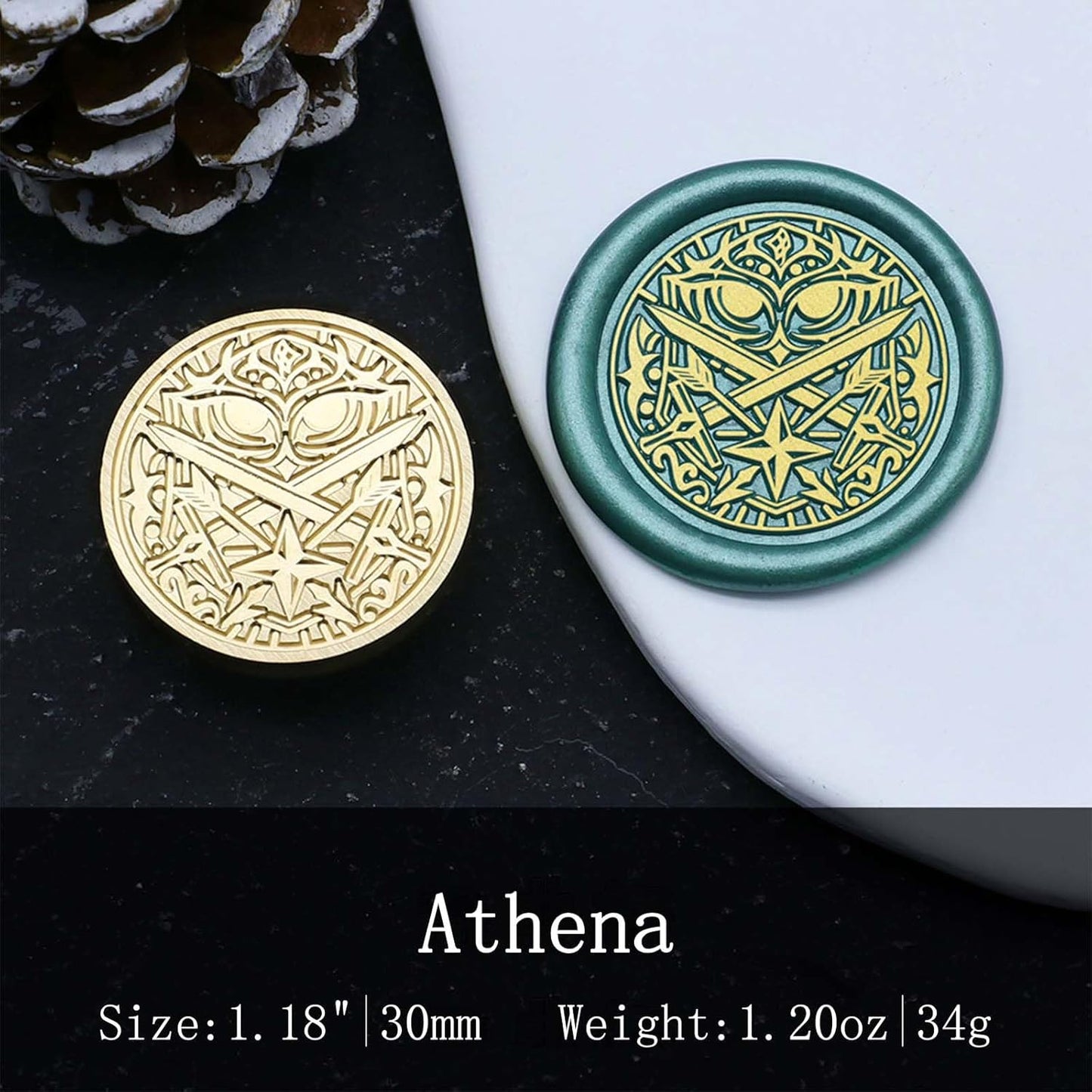 Athena Wax Seal Stamp - Vintage Owl Double Sword Sealed Stamp, 1.18 inch/30mm Brass Arrow Shield Sealing Stamp for Friends and Family, Such as Christmas,Easter,and Birthday Gifts