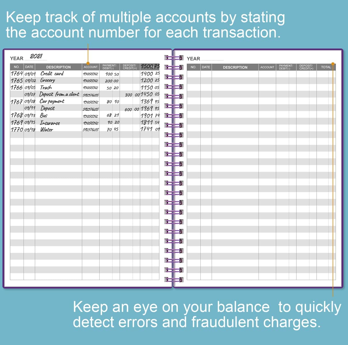 Accounting Ledger Book - A5 Ledger Book for Bookkeeping, Small Businesses & Personal Use, Expense Tracker Notebook for Tracking Money, Expenses, Deposits & Balance, 5.8" x 8.4", Purple