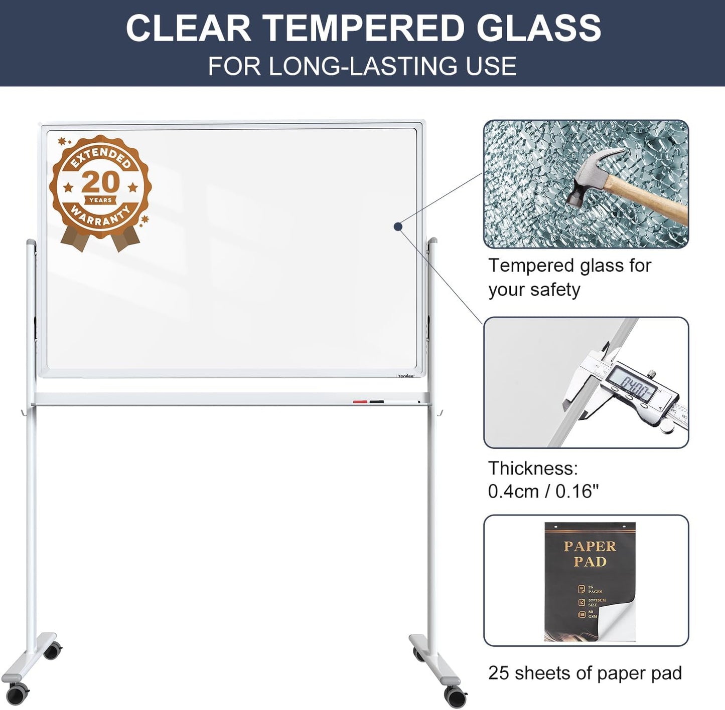 Mobile Clear Glass Whiteboard, 48 x 32 Inches Standing White Board on Wheels, Large Rolling Dry Erase Board with Stand, Transparent Tempered Glass Board for Office Home School, with Chart Paper
