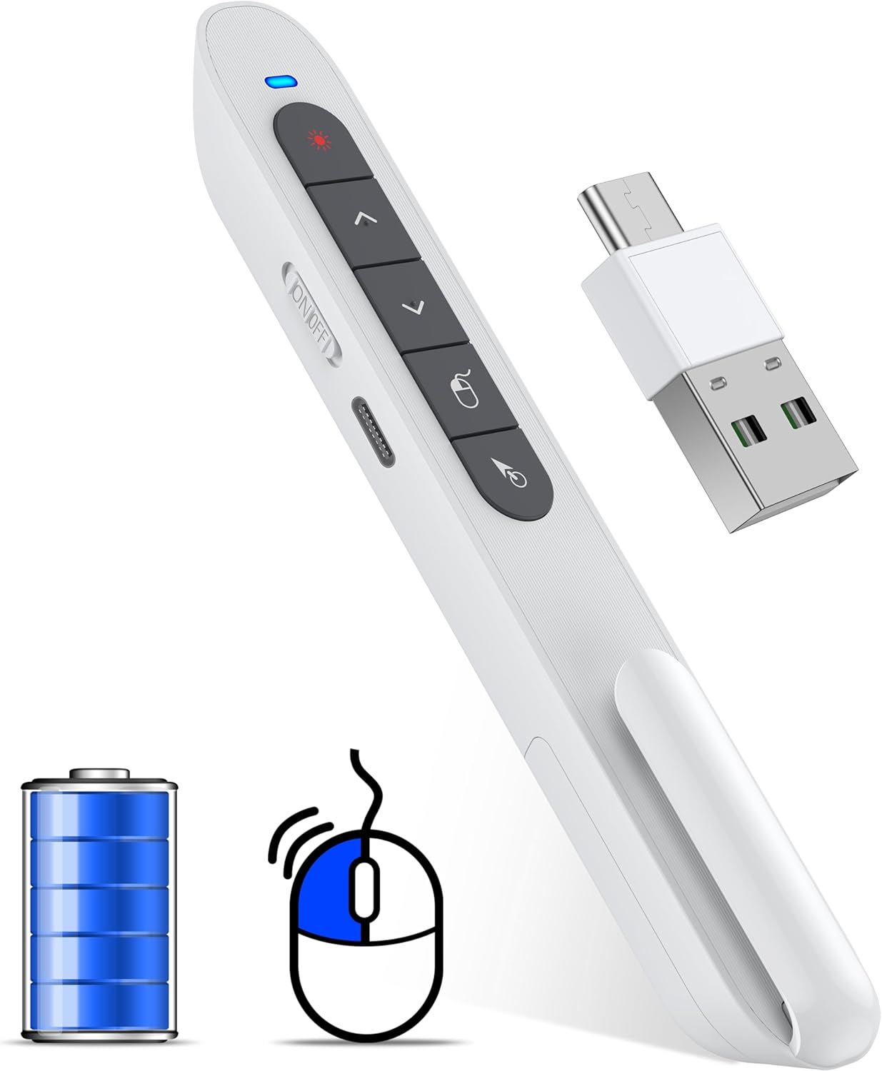 2 in 1 USB Type C Wireless Rechargeable Presenter Remote with Air Mouse, Volume Control Presentation Clicker PPT Pointer RF 2.4GZ PowerPoint Clicker Slide Advancer for Window Mac Keynote Google White