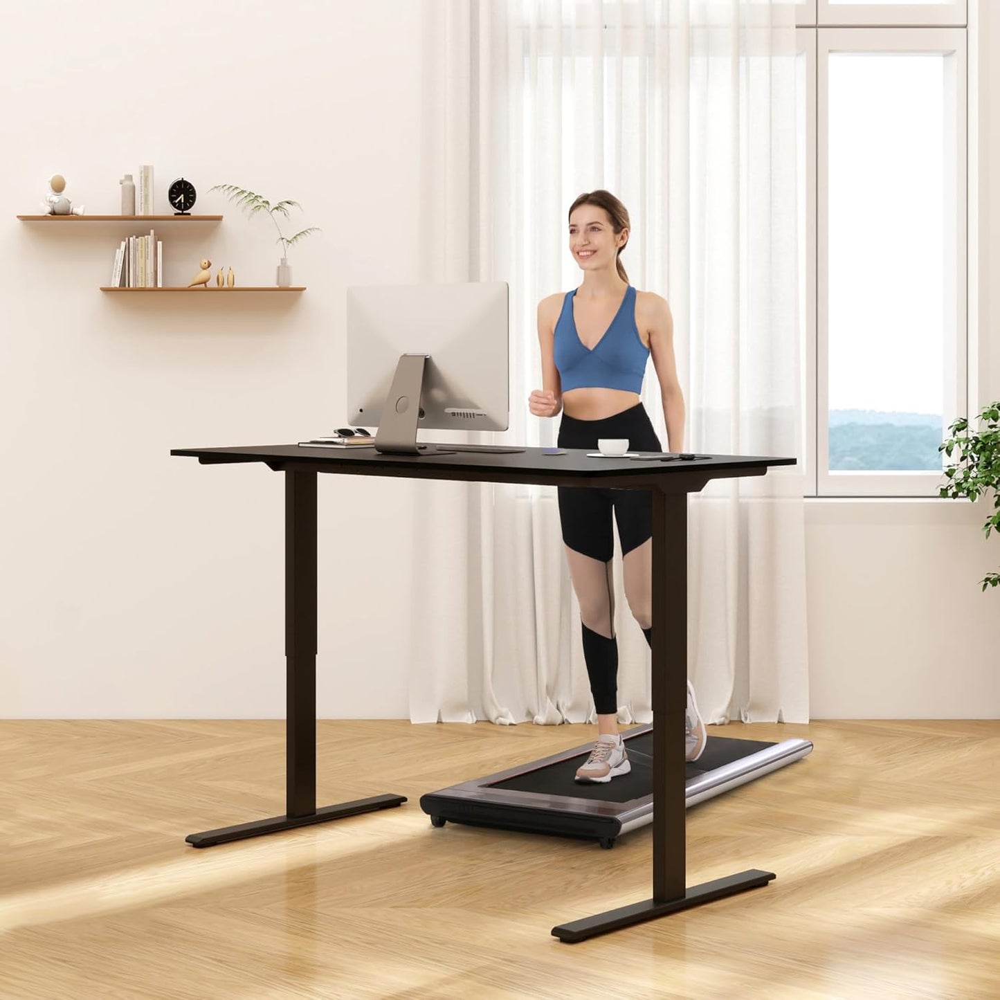 FLEXISPOT E3 Dual Motor Electric Standing Desk 55x28 Inch Whole-Piece Board Height Adjustable Electric Sit Stand Desk (Black Frame + Brown Wood Grain Desktop, 2 Packages)