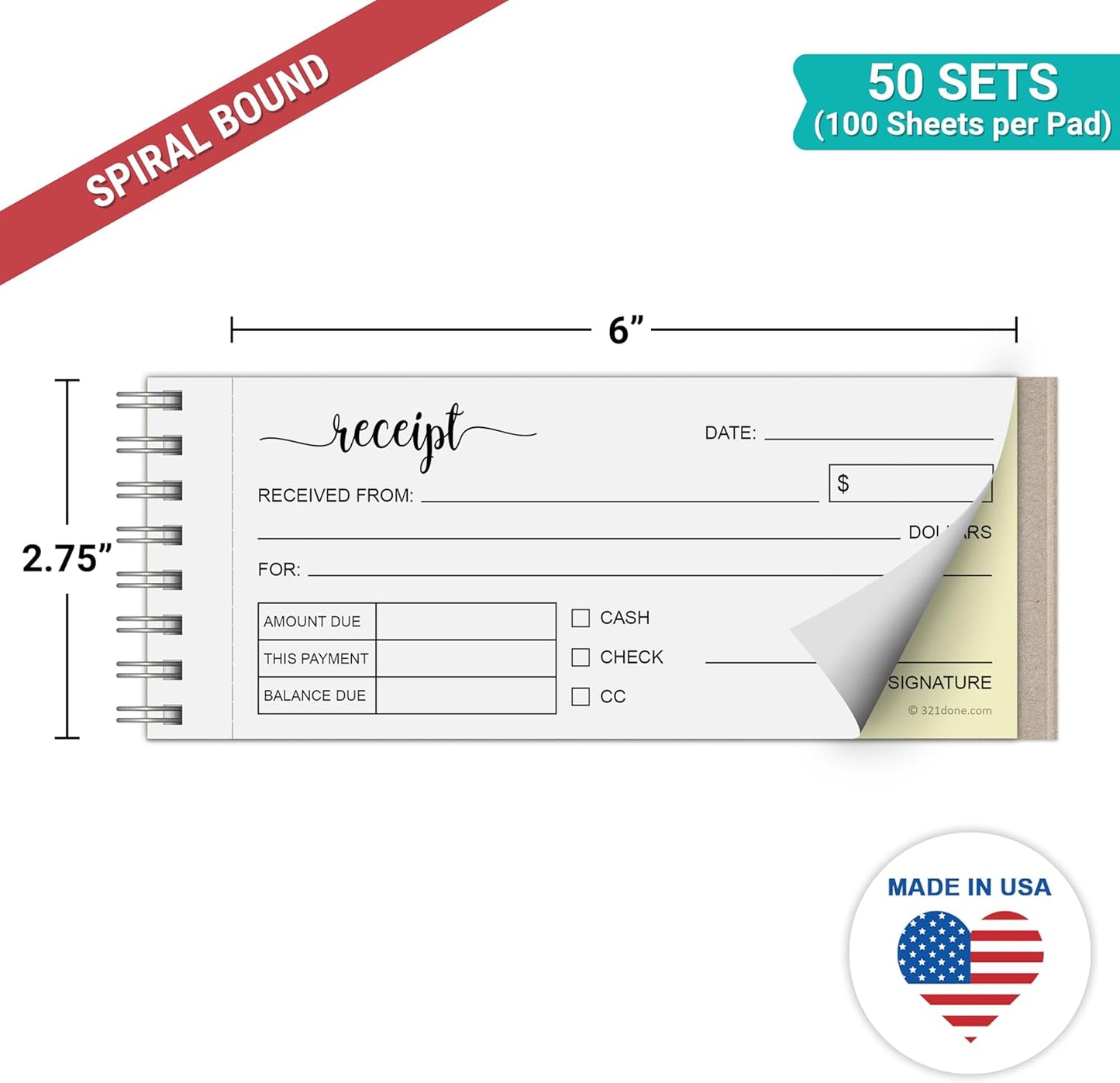 321Done Receipt Book, 2-Part Carbonless Spiral Bound 2.75x6 - Made in USA, 50 White/Yellow Pages, Receipt Book with Carbon Copies for Small Business