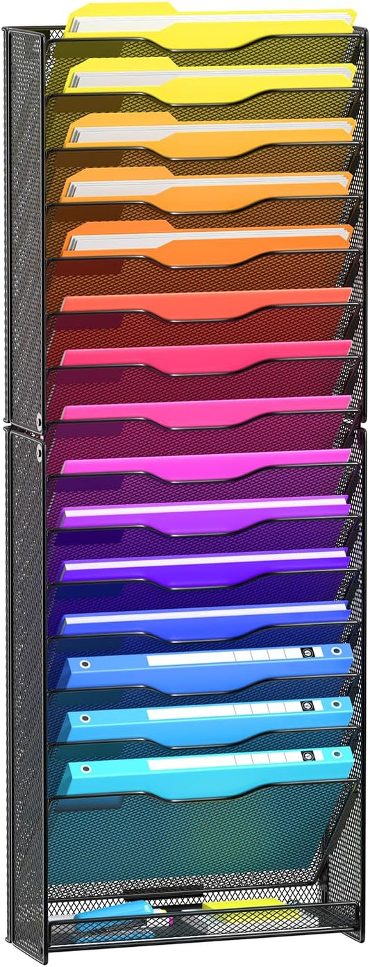Wall File Organizer, 16-Tier Mesh File Holder, Vertical Document Rack For Home, School, and Office Use (Black)