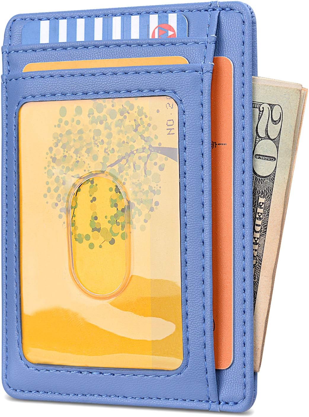 Buffway Slim Minimalist Front Pocket RFID Blocking Leather Wallets for Men and Women - Sand Wathet Blue