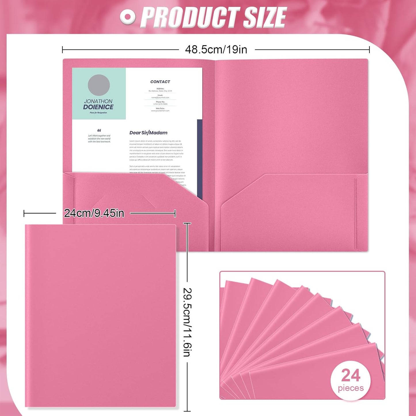Gueevin 24 Pcs Plastic Folders with Pockets, Back to School Two Pocket Folder Fit Letter Size, Heavy Duty School Business Card Holder for Home Office, 11. 61 x 9. 45 Inches (Pink)