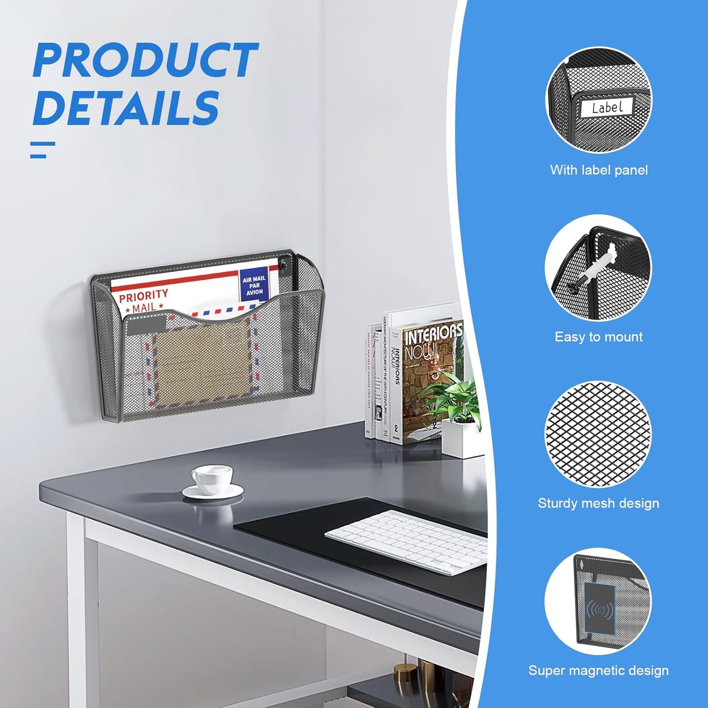 samstar 6 Pack Magnetic File Holder, Mesh Wall File Organizer File Pocket Mail Organizer Paper Folder Holder for Office/Home, No Drilling(Magnetic)