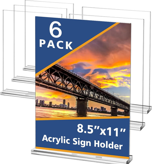 Acrylic Sign Holder,Clear Plastic Sign Holder8.5x11 inches Paper Card T Shape Double Sided Display Stand Picture Frame Desktop Menu Signs Office,Store, 6 Pack