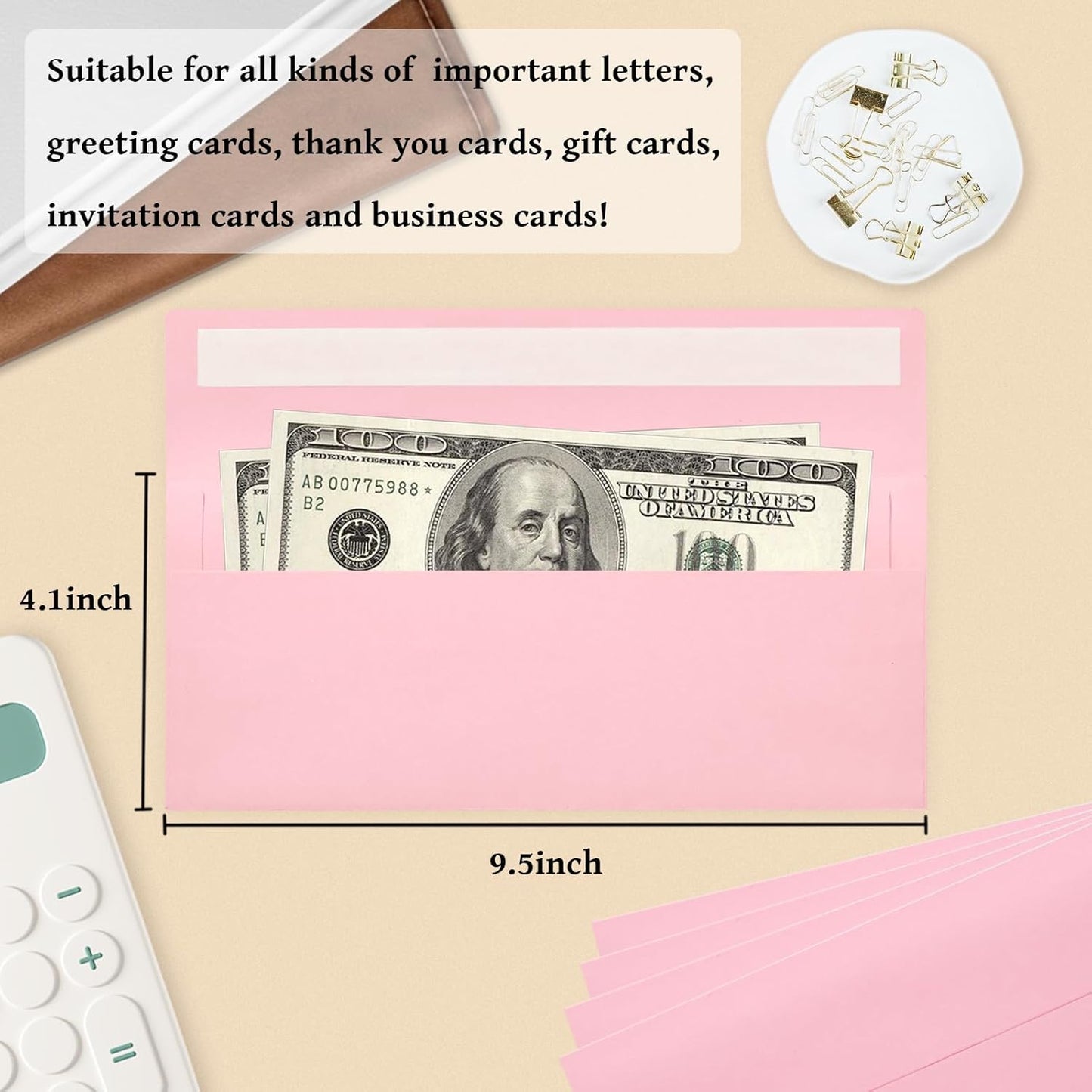 100 Pack #10 Business Envelopes, Pink Standard Envelopes Self Seal, Letter Size Business Mailing Envelopes for Checks Letters Invoices Statements Birthday Graduation Wedding, 4 1/8 x 9 1/2 Inch