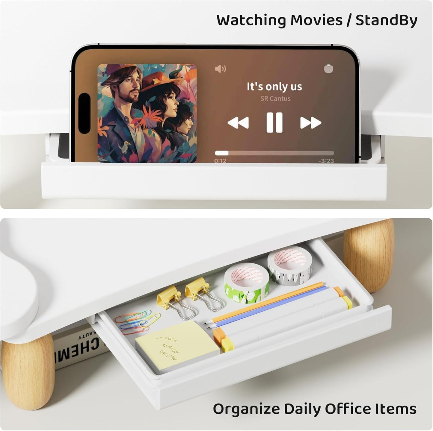 Dual Monitor Riser, Cookie-Shaped Adjustable Length & Swivel Angle, Wooden Desktop Organizer for 2 Monitors, Stand With Drawer for Laptop, PC, Computer, Printer, White