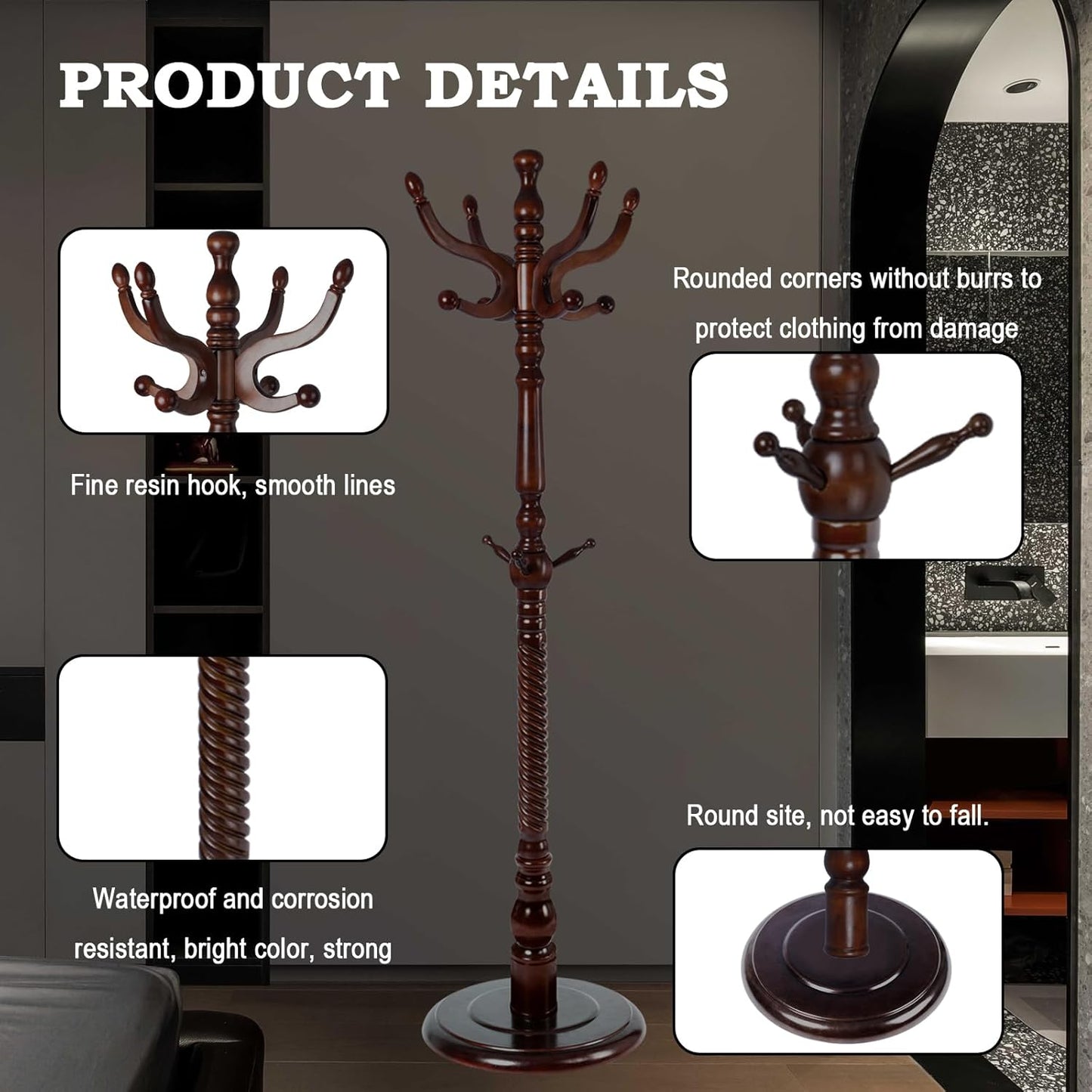 Coat Racks FreeStanding with 11 Hooks, Natural Wood Coat Rack with Solid Round Base, Adjustable Height Coat Racks, Easy Assembly for Hallway, Bedroom and Office (Walnut-Solid Round Base)