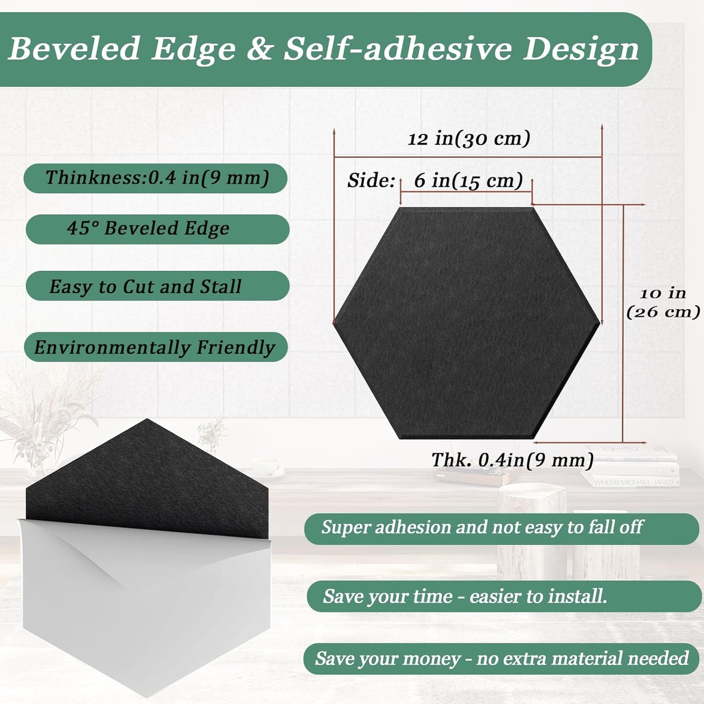 Hexagonal Acoustic Panels-12 Pack High-Density Sound Absorbing Panels 12"X10"X0.4" for Enhanced Noise Reduction, DIY Design, Idea for Studios, Offices, and Home Theaters(Black)