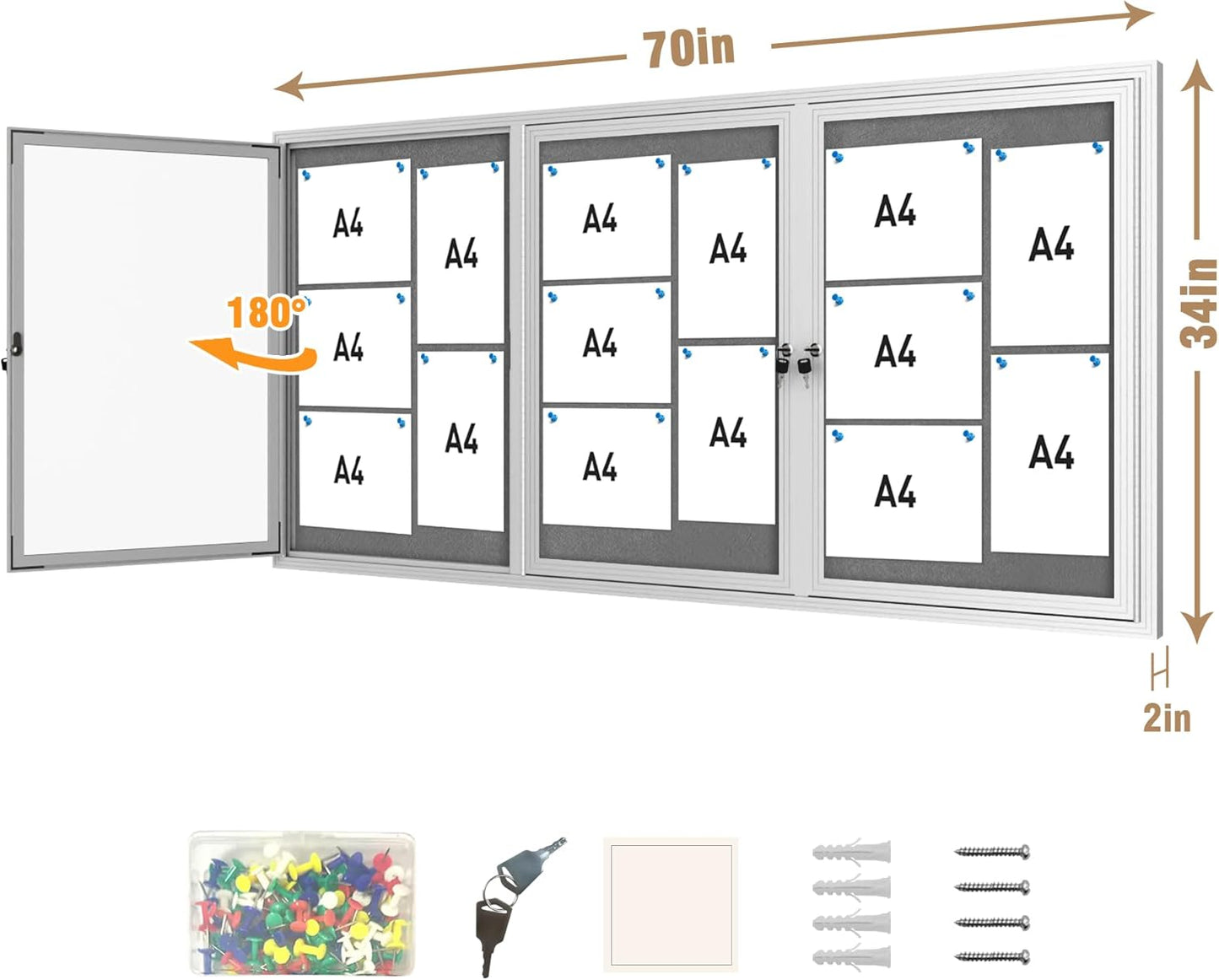 70"x34" Enclosed Bulletin Board, Outdoor Lockable Weather-Resistant Aluminum Cork Noticeboard for School & Office, Silver Frame w/Grey Flet