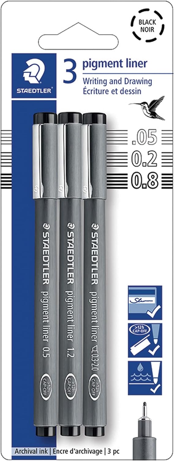 STAEDTLER Pigment Liner Pack, Black, 3 Pens, Assorted Line Widths 0.5mm/1.2mm/Chisel, 308-9S2BK3