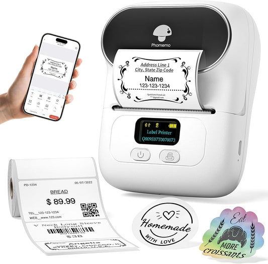 Phomemo Label Printer M110 Upgraded Label Maker Bluetooth No Ink Portable for Small Business, Address, Office, Home for Phone; for PC/Mac(USB), with 100 Labels, White
