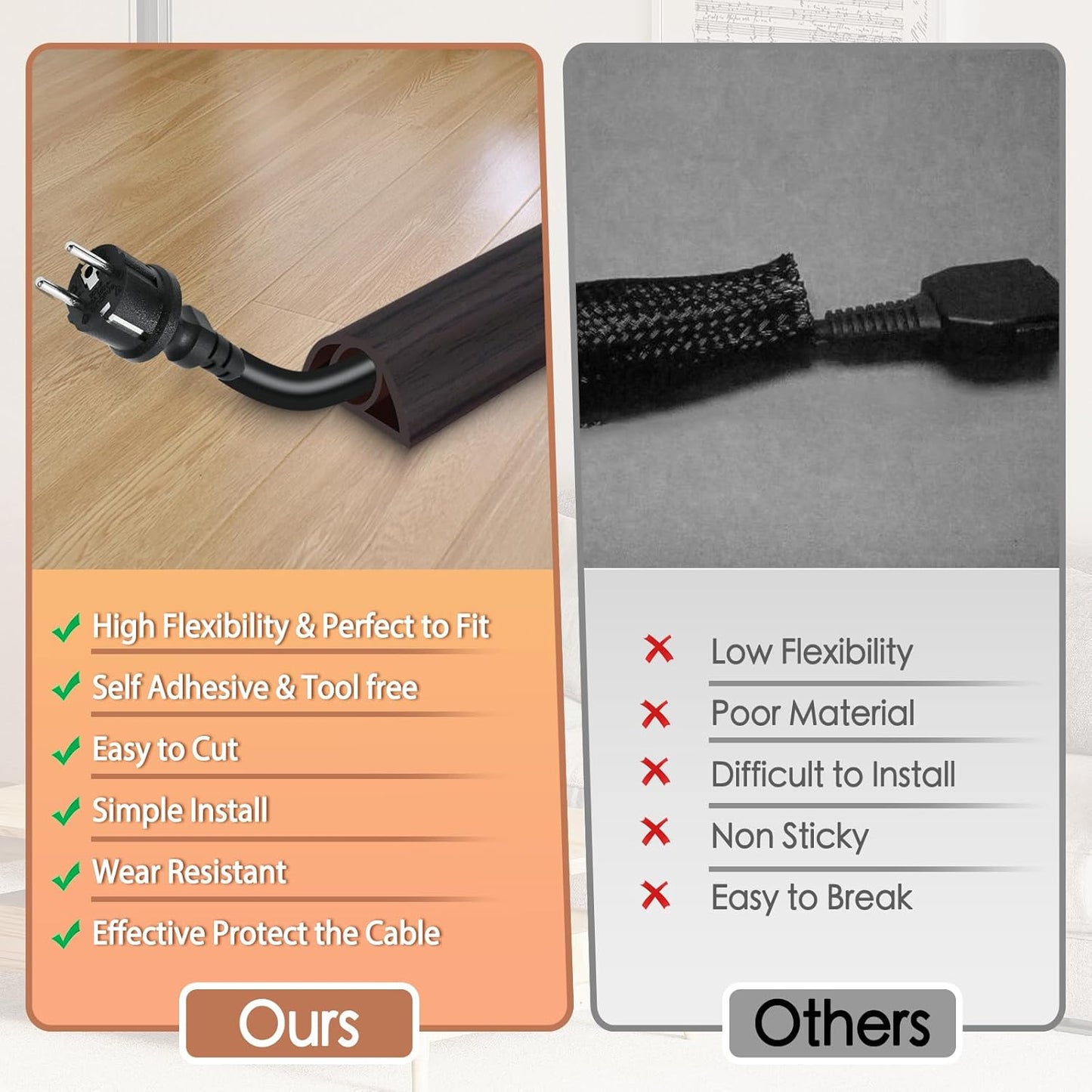 Floor Cord Cover for Wires on Floor Self Adhesive Cord Hider Floor Cable Management Wire Covers for Cords Protector Prevent Cable Trips Cord Cavity W 0.32" x H 0.32", Black Walnut, 20Ft