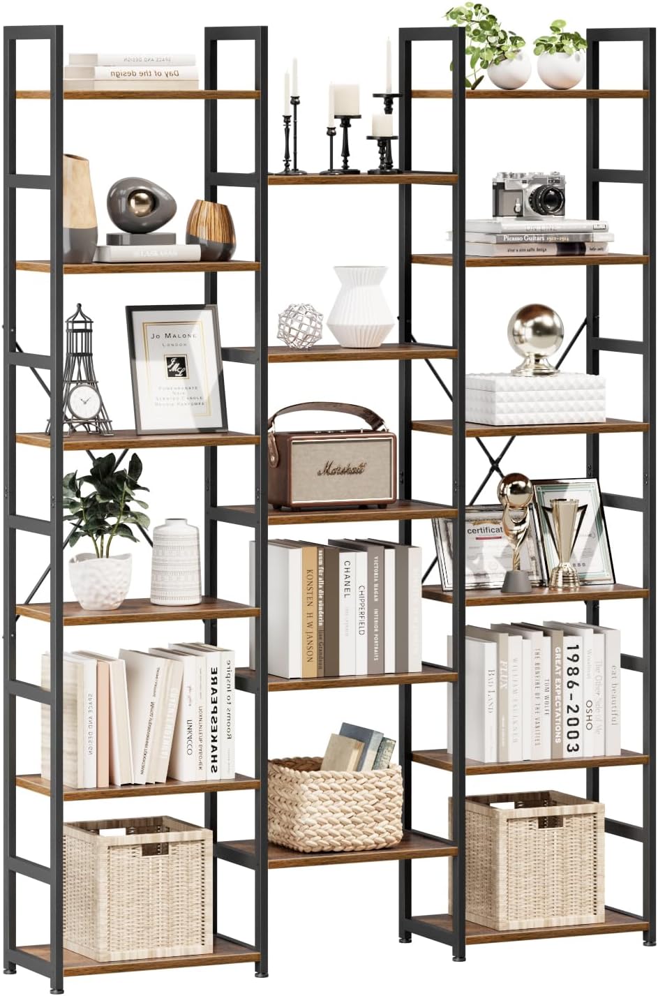 NUMENN Triple Column 6 Tier Bookshelf, Bookcase with 17 Open Display Shelves, Adjustable Rustic Industrial Style Book Shelves, Modern Bookshelves for Bedroom, Living Room and Home Office, Vintage