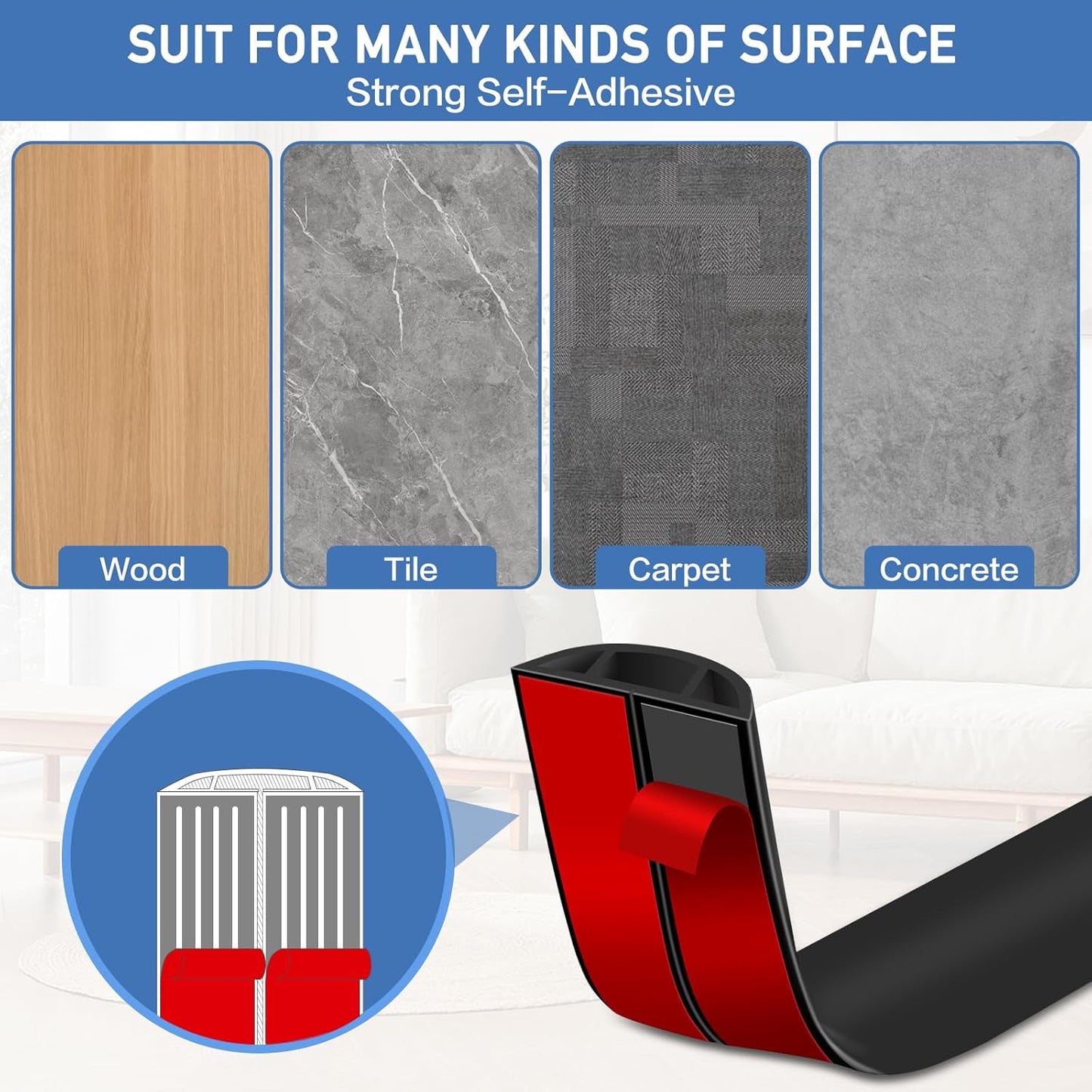 Floor Cord Cover Self Adhesive Cord Hider Floor Extension Cord Covers for Floor Power Cord Protector Cable Management Prevent Cable Trips Cable Cavity 0.51" W x 0.31" H (Black, 3.3Ft)