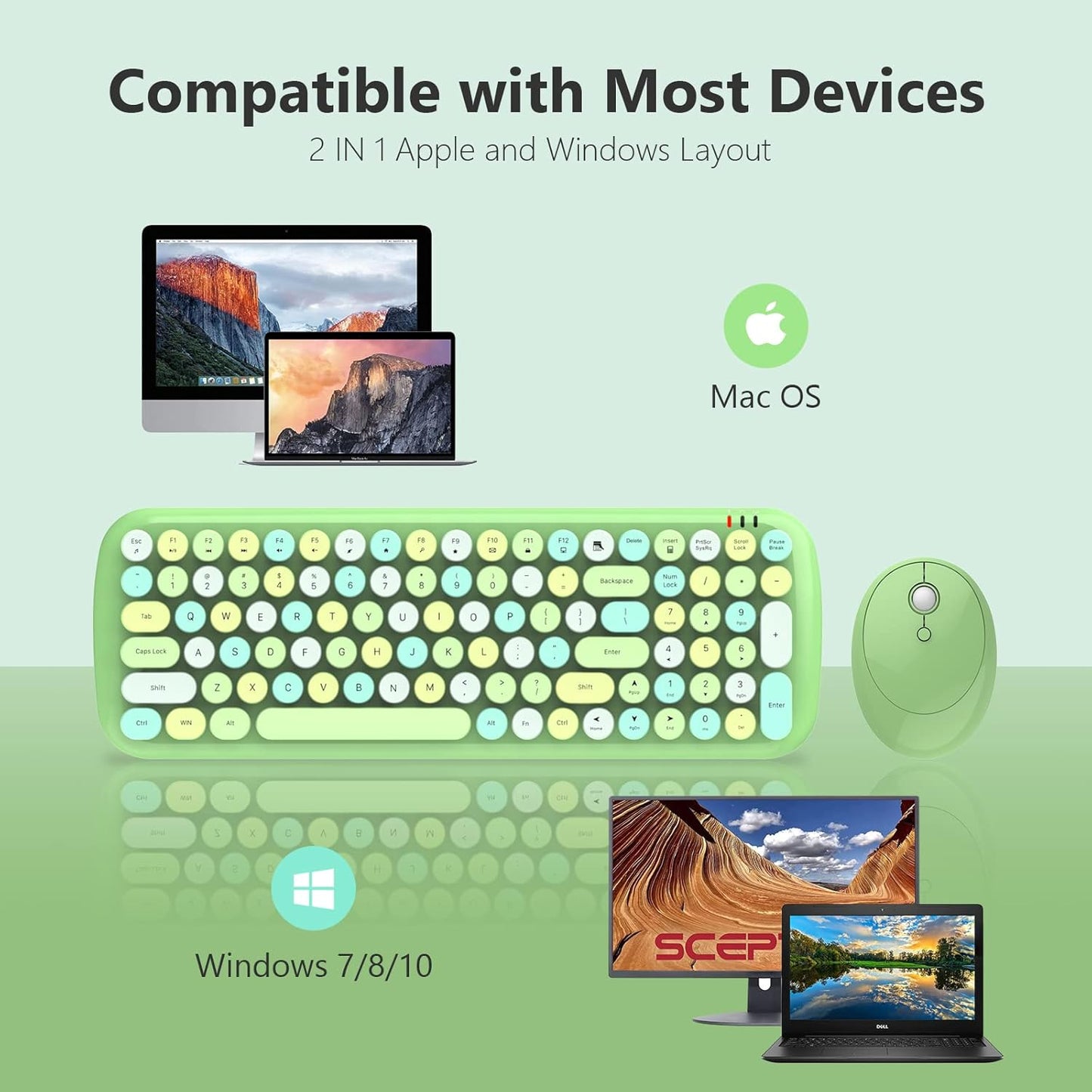 MOFII Wireless Keyboard and Mouse Combo, 2.4GHz Retro Typewriter Keyboard and Cute Mouse for Computer PC Desktops Laptop Windows(Green Mix)