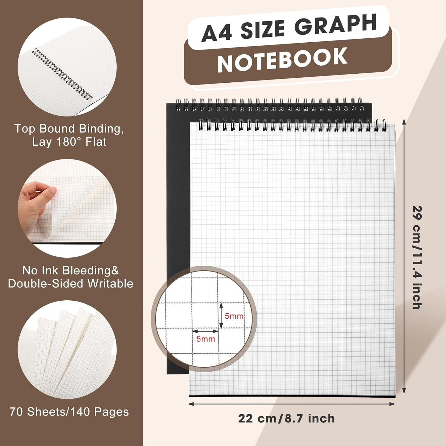 1 Pack Top Spiral Graph Paper Notebooks 8.7 X11.4 Inch A4 Grid Paper Notepad 70 Sheet Memo Steno Pad for Engineering Writing Sketching Drawing School Office Supplies (Black)
