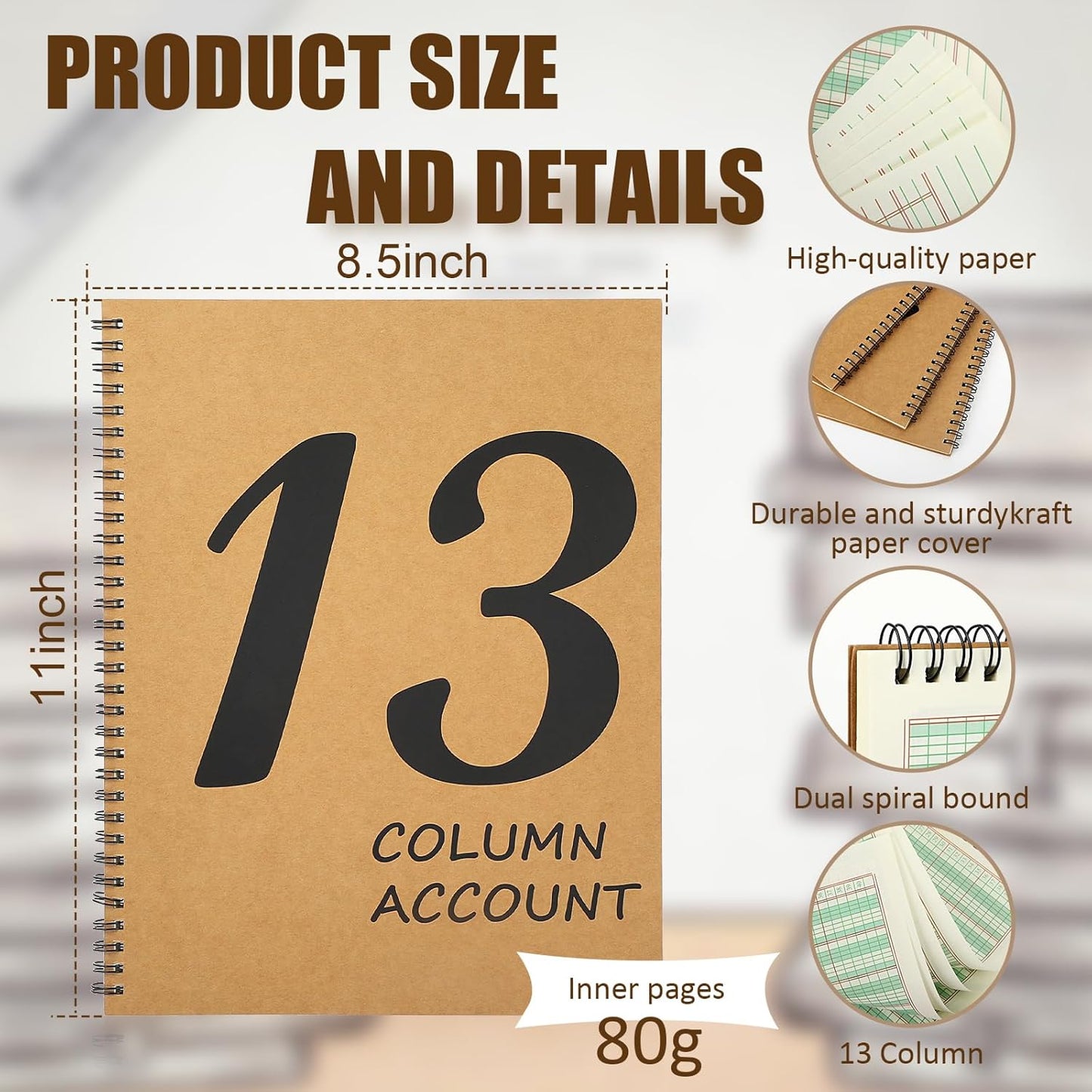 2 Pcs 13 Column Ledger Book 8.5 * 11inch Account Book Notebook Columnar Pad Columnar Pad 13 Columns Premium Analysis Pad Kraft Paper Cover 100 Pages for Personal Use Small Business(50 Sheet)