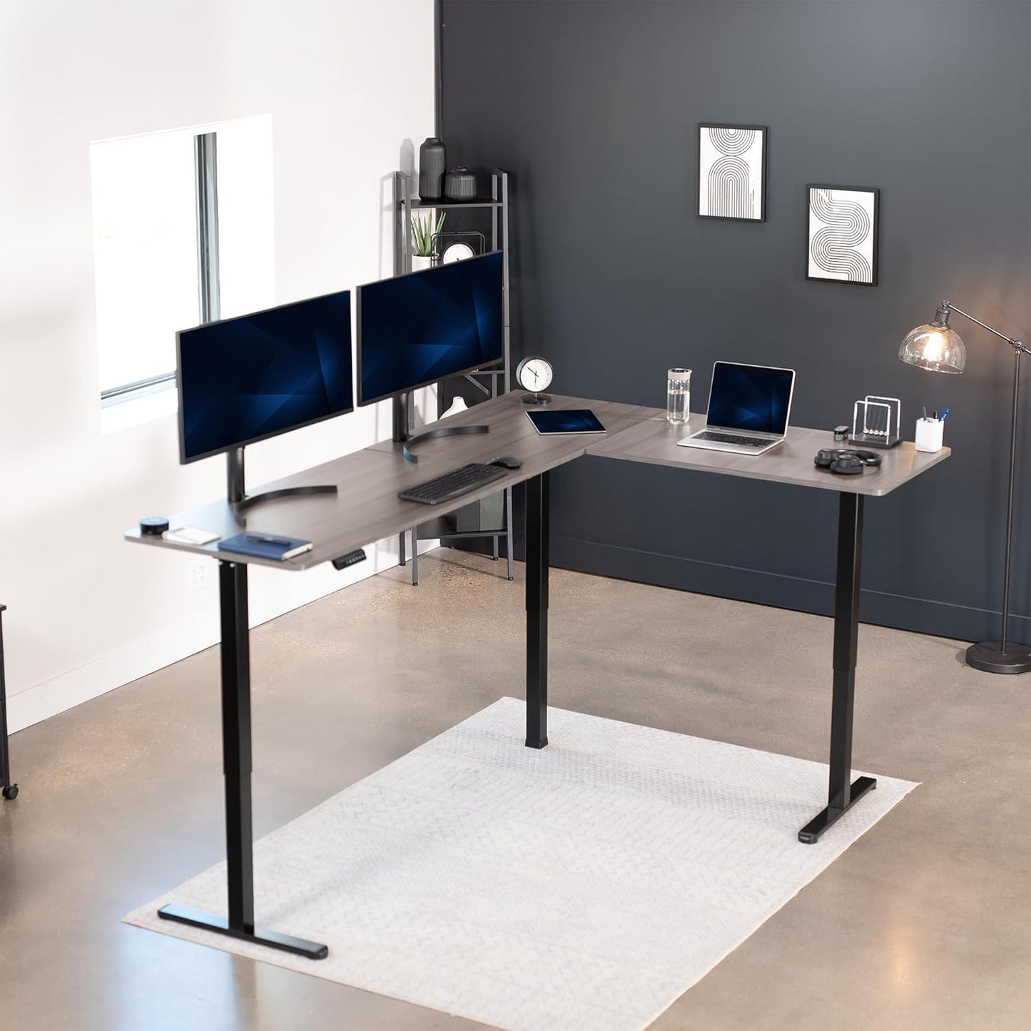 VIVO Electric Corner L-Shaped 84 x 63 in Standing Desk, Memory Height Adjustment, Dark Gray Top Black Frame, DESK-E3CTBG-84