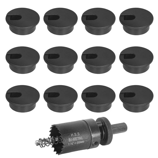 1-3/8" Black Desk Grommet with Bi-Metal Hole Saw, JTemgle Plastic Cable Hole Cover Computer Table Cord Wire Organizer Caps, Desktop Cord Management for Home Office TV Stands Tabletops, 13 Pieces