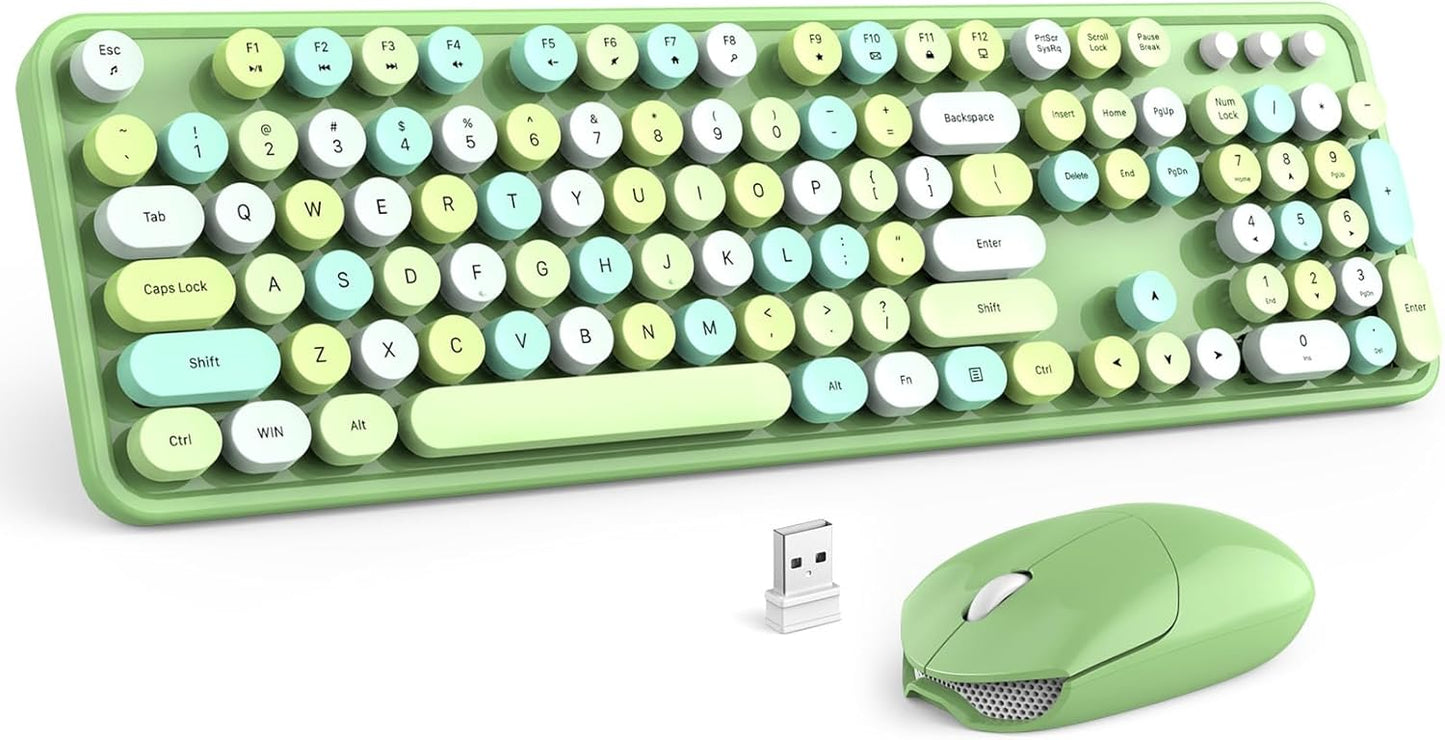 MOFII Wireless Keyboard and Mouse Combo, Retro Green 2.4GHz Full Size Colorful Keyboards with Round Keycaps, Cute Wireless Mouse for Laptop, PC, Chromebook, Smart TV, Computer, Windows