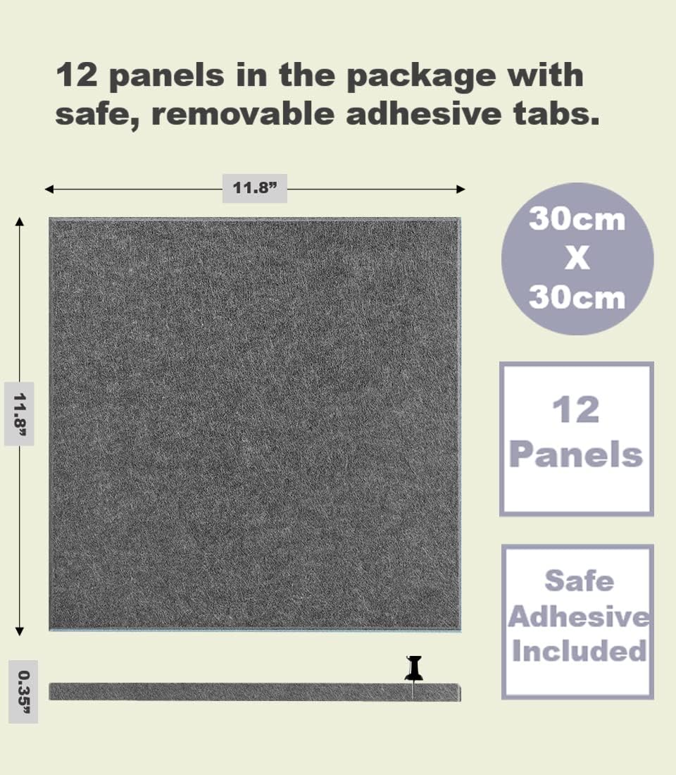 Large Cork Board Alternative - 12-Pack Felt Wall Tiles with Safe Removable Adhesive Tabs, Cork Wall Tiles Bulletin Board Home Office Essentials - Gray