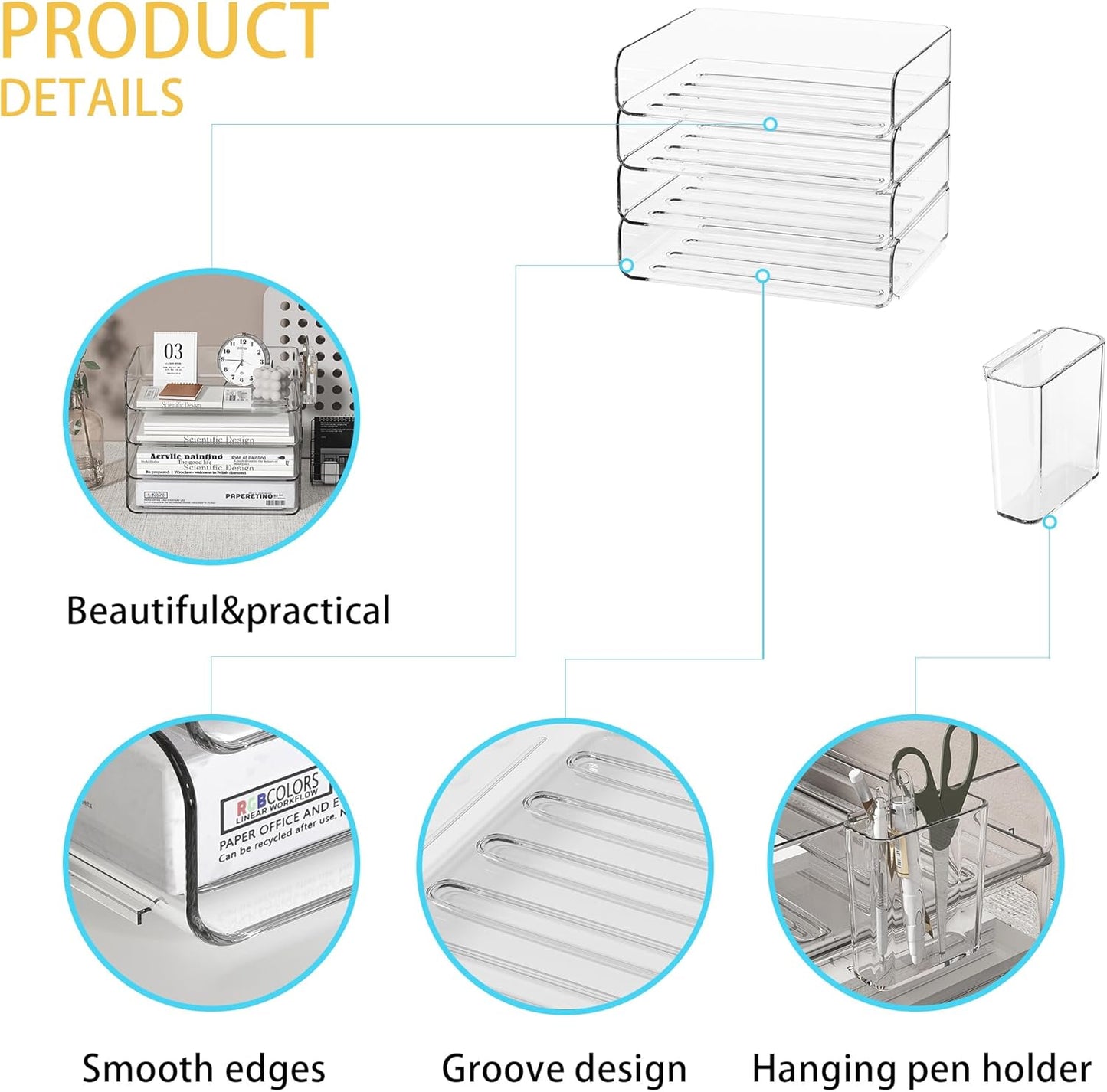 4-Tier Stackable Paper Tray Organizer for Desk with Detachable Hanging Pen Cup - Durable PET Desktop Paper Organizer, Space-Saving Desk Accessory