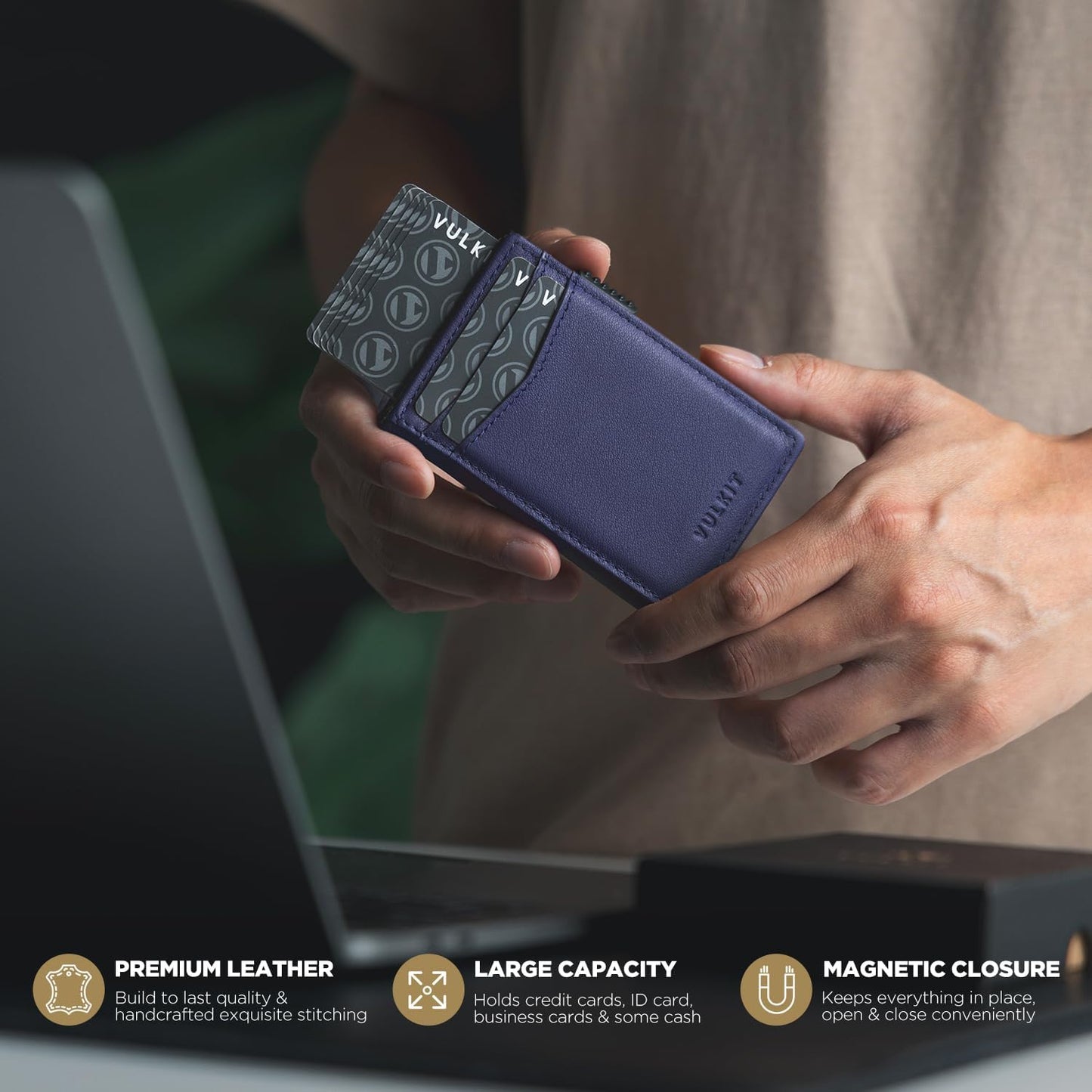 VULKIT Men's Wallet with ID Window Top Grain Leather RFID Blocking Minimalist Wallet Pop Up Card Holder Magnetic Closure