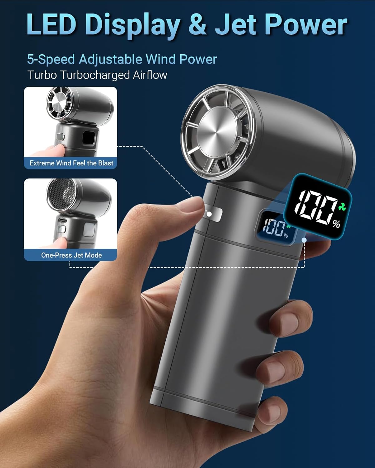 Handheld Mini Turbo Fan 120000RPM 6-Speed Turbo Power 9000mAh Portable High Speed Cooling Air Blower Cordless Air Duster Hair Dryer with LCD Display SOS Light for Travel Outdoor