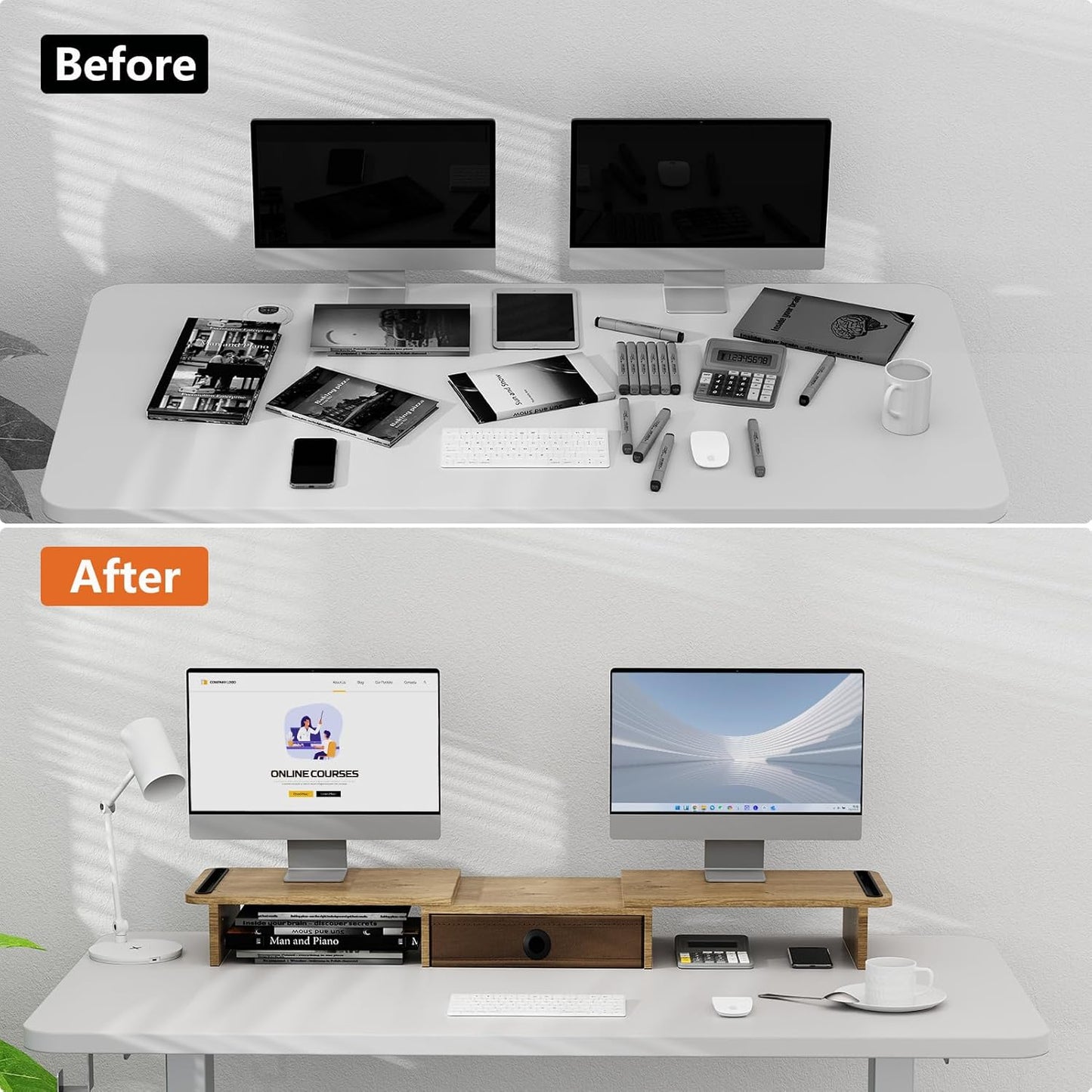 Dual Monitor Stand Riser with Drawer-Adjustable Length and Angle, Monitor Stand Riser for 2 Monitors, Desktop Organizer Stand for Computer/Laptop/PC/Printer (Oak)