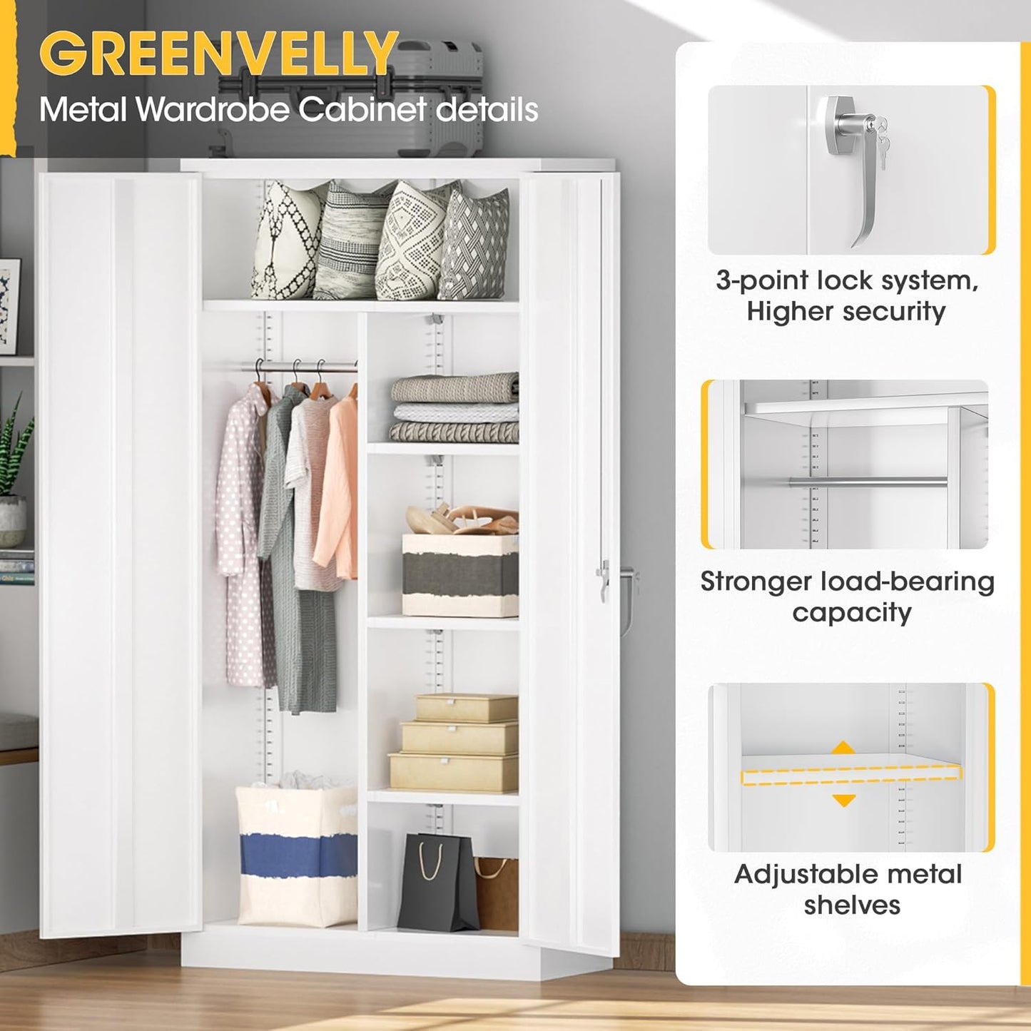 Greenvelly Metal Storage Wardrobe Cabinet with Lock, 72" White Metal Wardrobe Closet for Hanging Clothes with Doors and Shelves, Modern Clothes Closet for Home, Office and Bedroom, School,Gym
