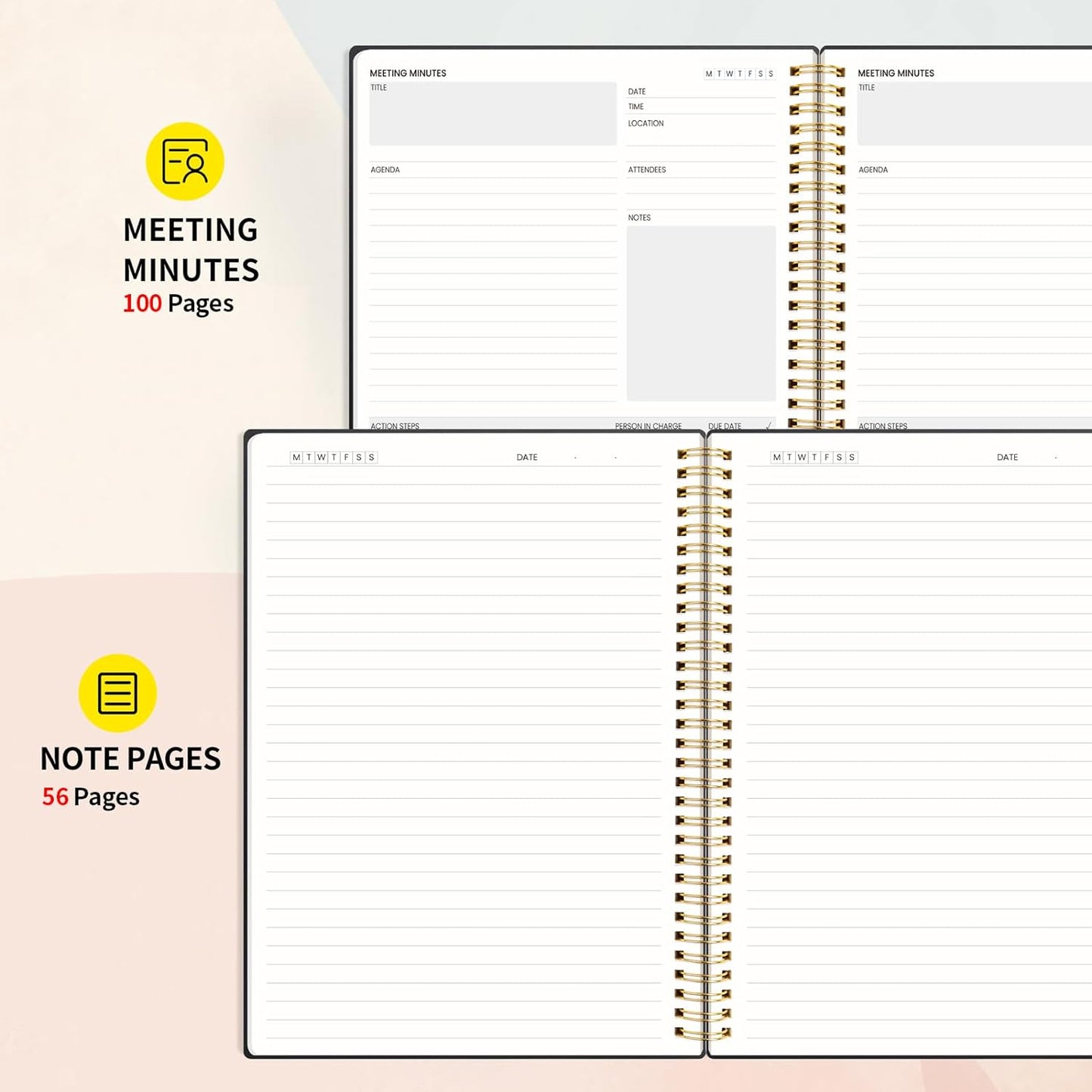 SUNEE Meeting Notebook for Work with Sticky Tabs - 160 Pages, A4 Size Project Planner, Spiral Meeting Agenda/Minutes Notebook Organizer for Women Men, Note Taking, Office & Business, 8.5"x11", Black
