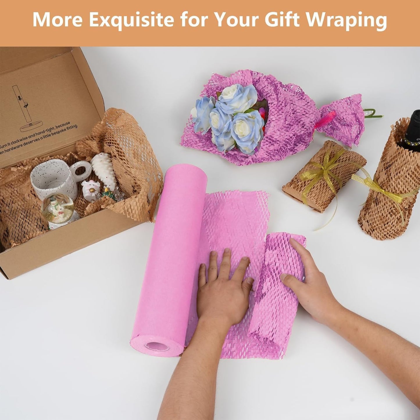 Honeycomb Packing Paper, 12" x 100' Packing Paper Substitute Alternative for Bubble Cushioning Wrap for Moving Shipping Packaging Mailing, Recyclable Moving Supplies Bubble Packing Wrap Roll-Pink