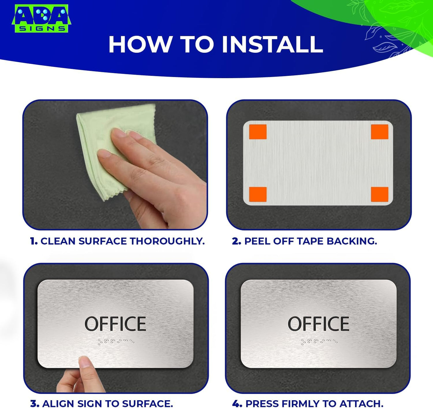 ADASigns Office Sign 7”x4” - Durable Brushed Aluminum with Grade 2 Braille - Easy Installation with Strong Double Sided Adhesive Tape - ADA Compliant office door signs for Businesses & Offices