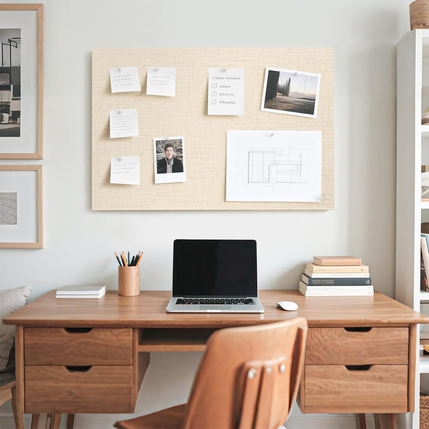 Bulletin Board 36 x 24 inches, 3' x 2' Linen Board for Wall, Decorative Fabric Pin Board with Safe Removable Adhesive Tapes for Home and Office, Includes 20 Push Pins-Light Yellow Stripes