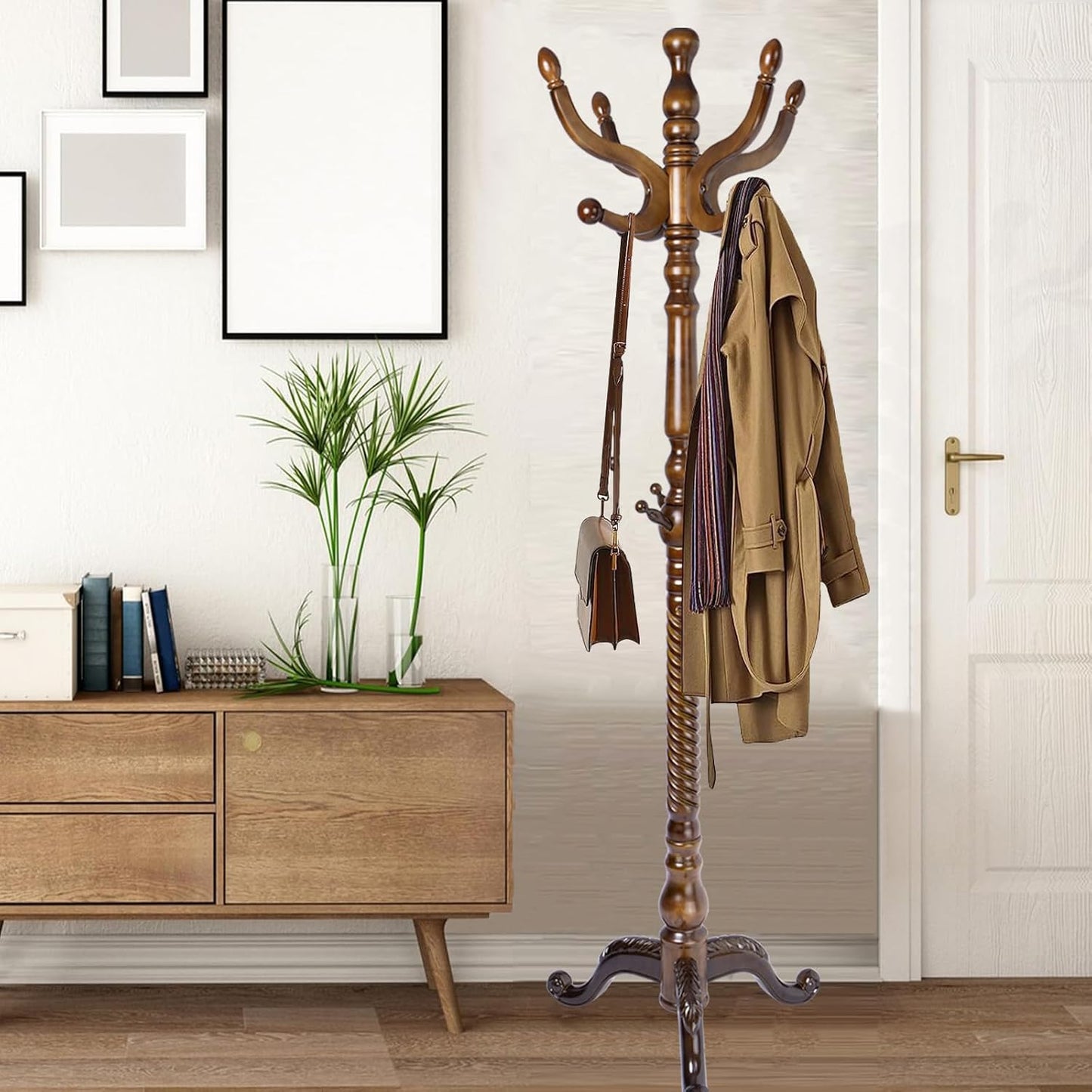 Coat Racks Free Standing with 11 Hooks, Natural Wood Coat Stands for Entryway, Adjustable Height 74 in Tree Coat Rack Stand for Hallway Home Office Bedroom (Brown Triangle)