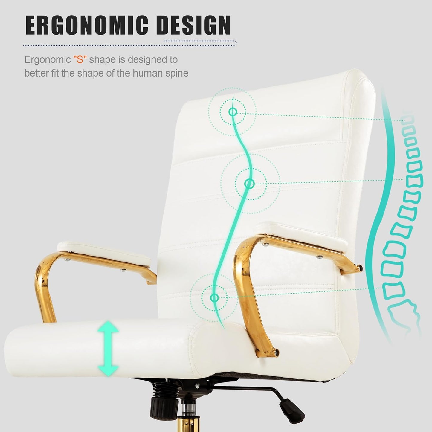 Office Desk Chair,Modern Leather Conference Room Chairs,High Back Home ofiice Chair,Adjustable Height Swivel Executive Computer Chair with Padded Seat and Armrest (White with Gold Frame)