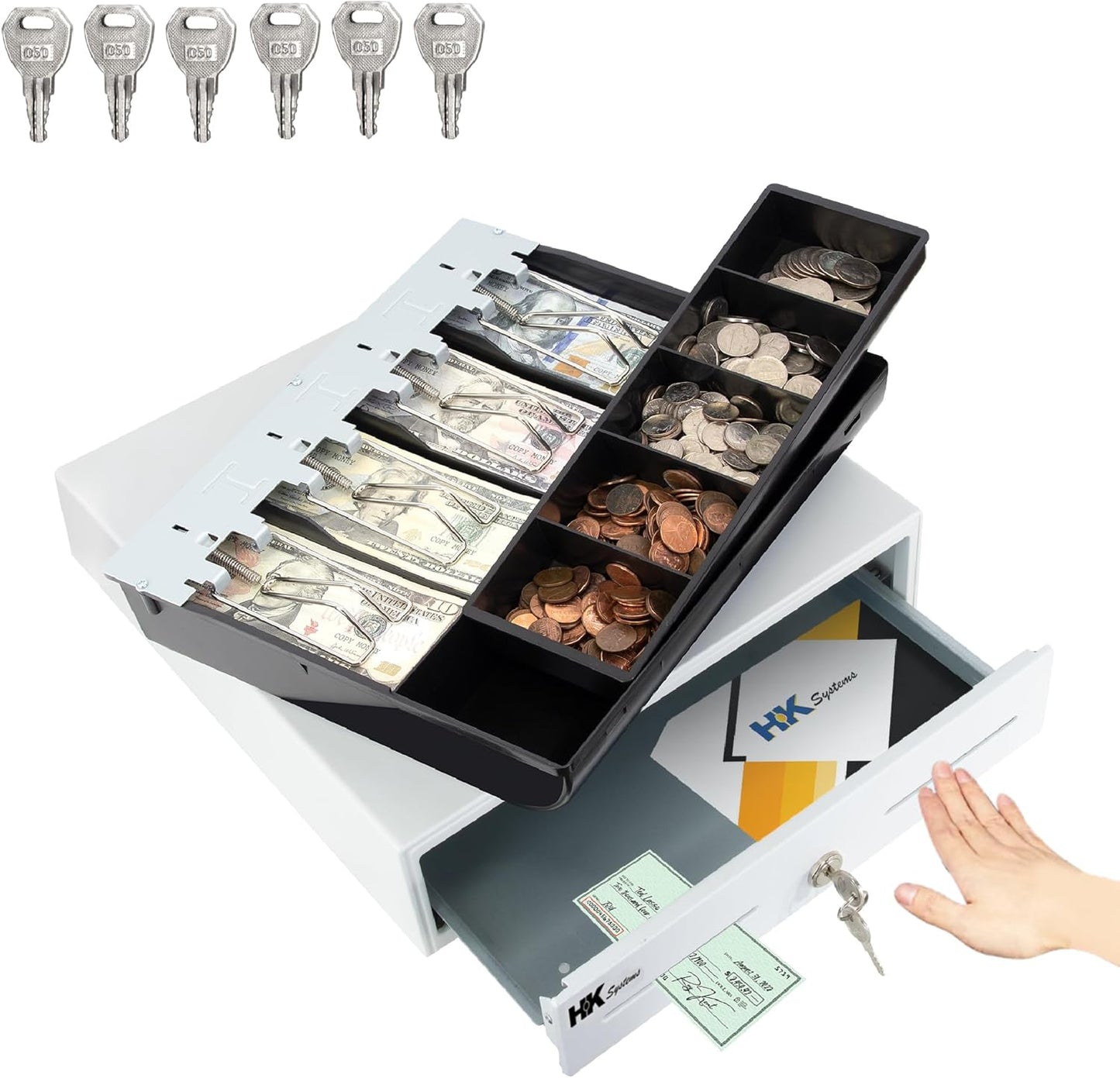 HK SYSTEMS 13inch Heavy Duty Manual Push-Open Cash Drawer with 4Bill/5Coin, Removable Till, Two Medial Slots, White