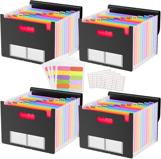 4 Pack Waterproof Accordion File Organizer, 13 Pockets Expanding File Folder with Colored Blank Tabs, Suitable for Students and Office Workers to Manage and Store Documents（Black）