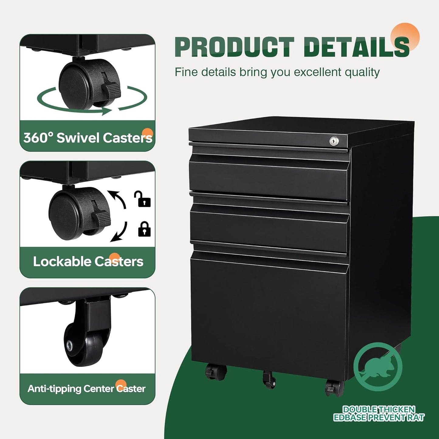 Letaya 3 Drawer Mobile File Cabinet with Lock,Under Desk Metal Filing Cabinets for Home Office Organizer Letters/Legal/A4((Fully Assembled-Black)