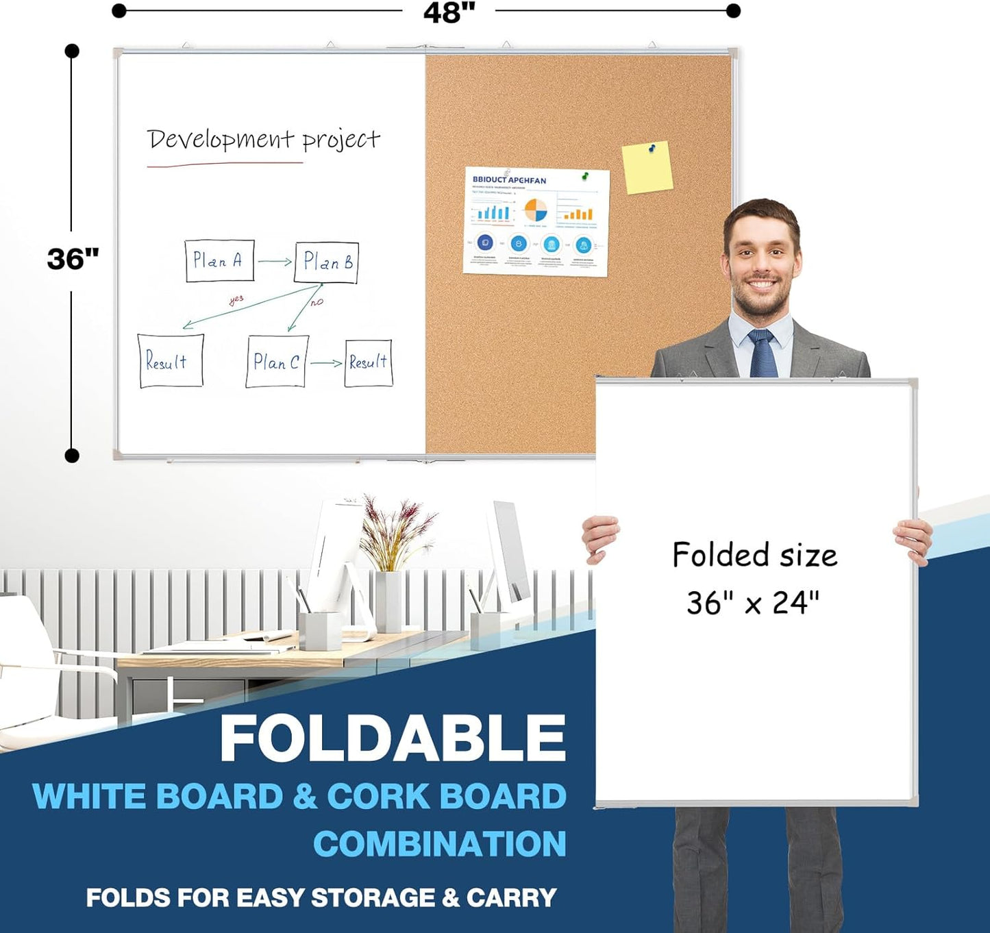 Large White Board Dry Erase Foldable Cork Board Combo, 48" x 36" Double Sided Dry Erase Board for Wall, Magnetic Whiteboard Cork Board Combination for Office, Home, School, Kitchen