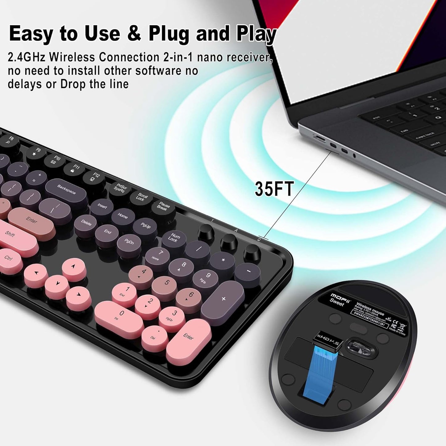 Wireless Keyboard and Mouse Combo, Cute Colorful 104 Keys Typewriter Retro Round Keycaps Keyboard for PC Laptop,Desktop,Windows, Home and Office Keyboards(Black Pink)