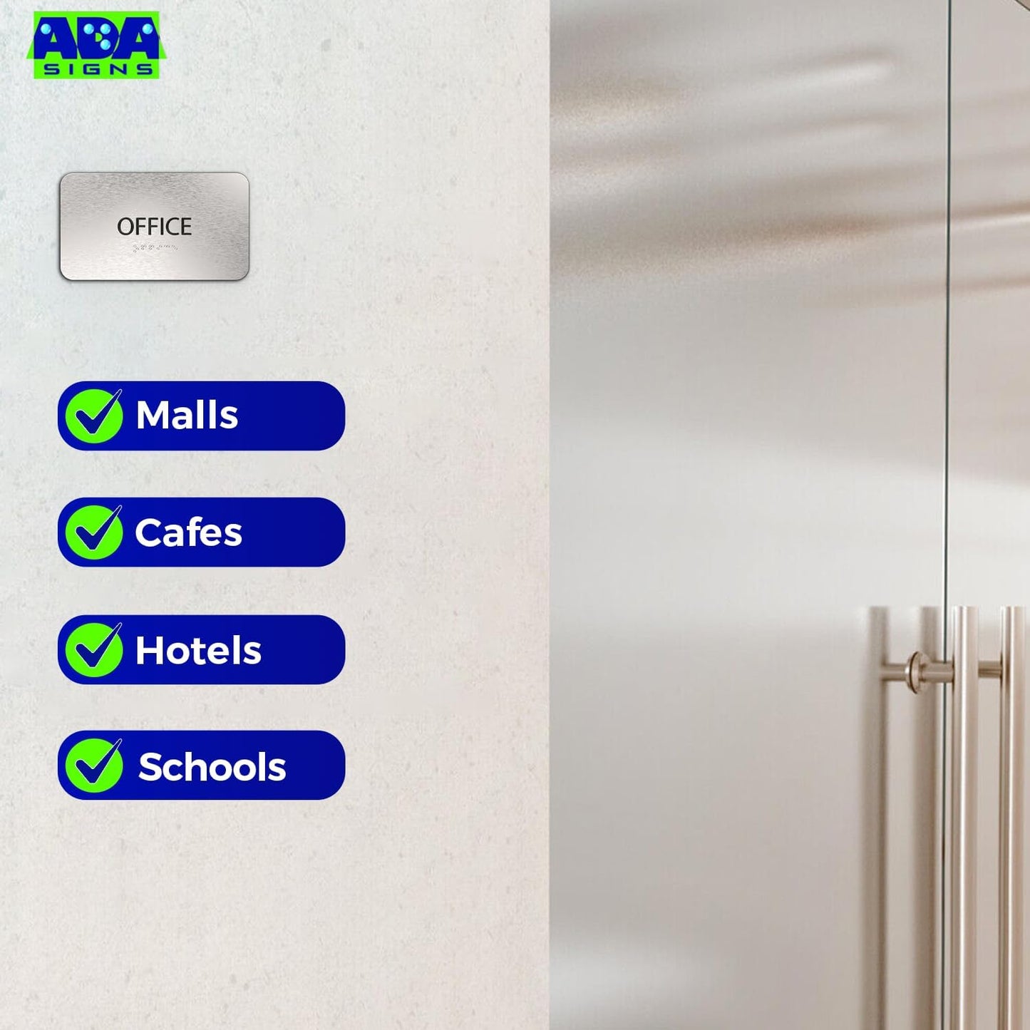 ADASigns Office Sign 7”x4” - Durable Brushed Aluminum with Grade 2 Braille - Easy Installation with Strong Double Sided Adhesive Tape - ADA Compliant office door signs for Businesses & Offices