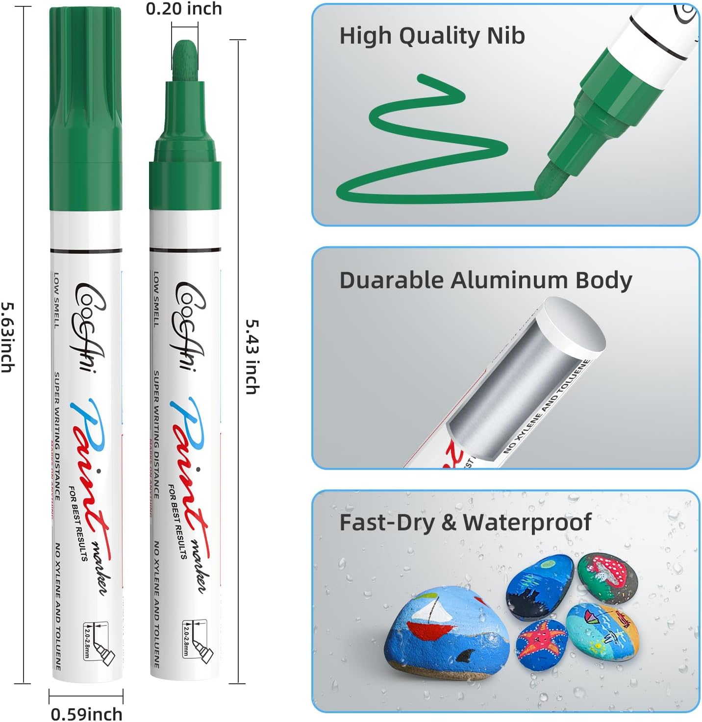 Green Permanent Markers Paint Pens, 2 Pack Oil Based Opaque Paint Markers for Metal,Canvas,Wood,Rock Painting, Ceramic, Glass, Fabric Art Supplier (Green,2 Pack)