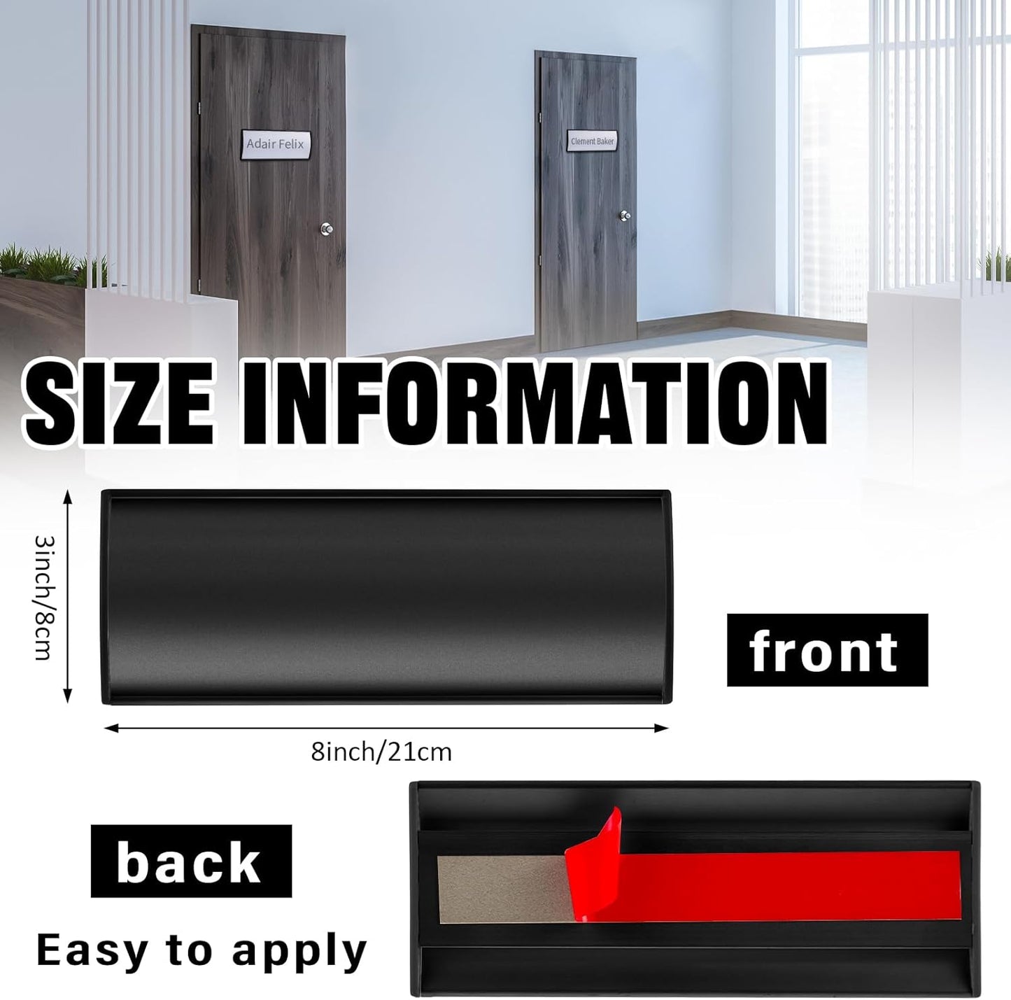 Therwen 25 Pcs Aluminum Office Name Plate Holder for Door Wall Mount 8'' x 3'' Business Sign Holder Office Door Sign Sturdy Curved with Plastic Film and Adhesive Tape(Black)