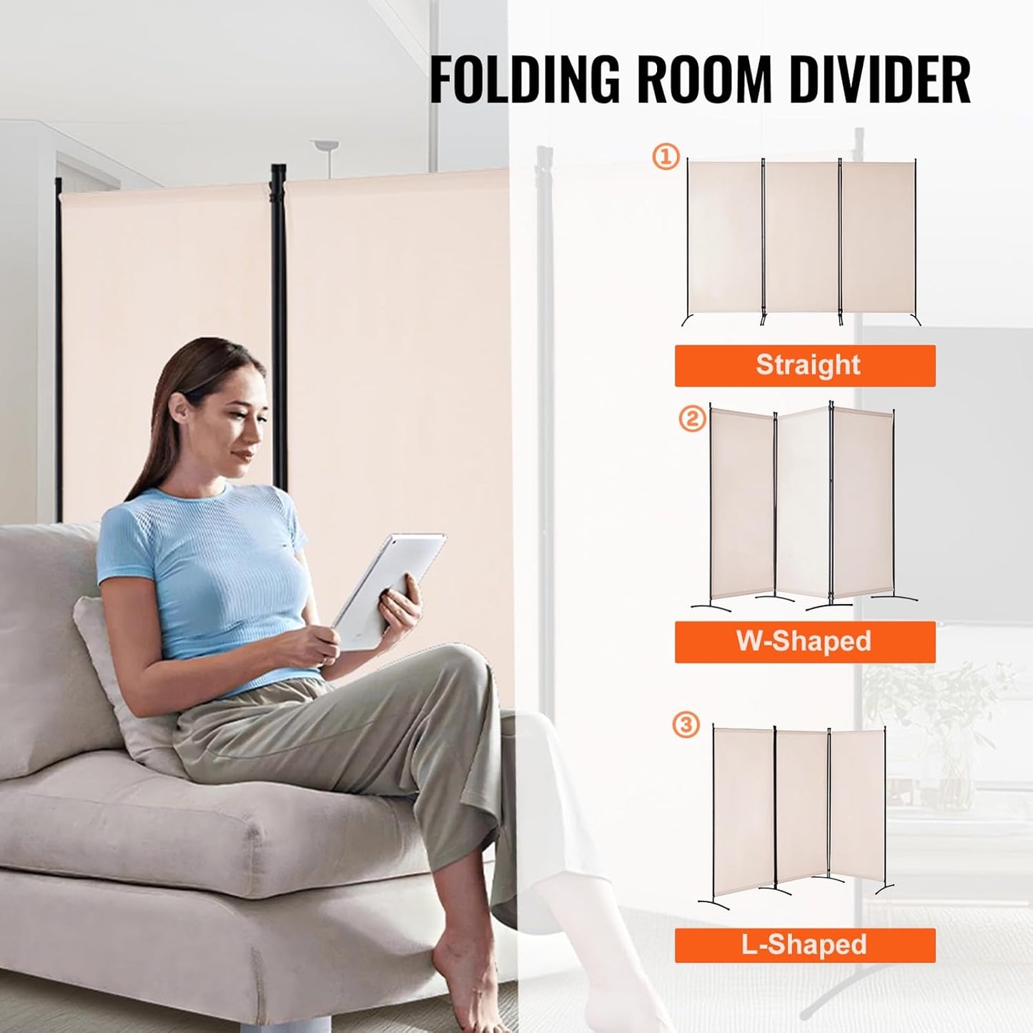 VEVOR Room Divider, 3 Panel Room Divider, Folding Privacy Screen and Portable Partition Divider for Room Separation, Freestanding Room Partitions for Office, Bedroom, Study, Beige